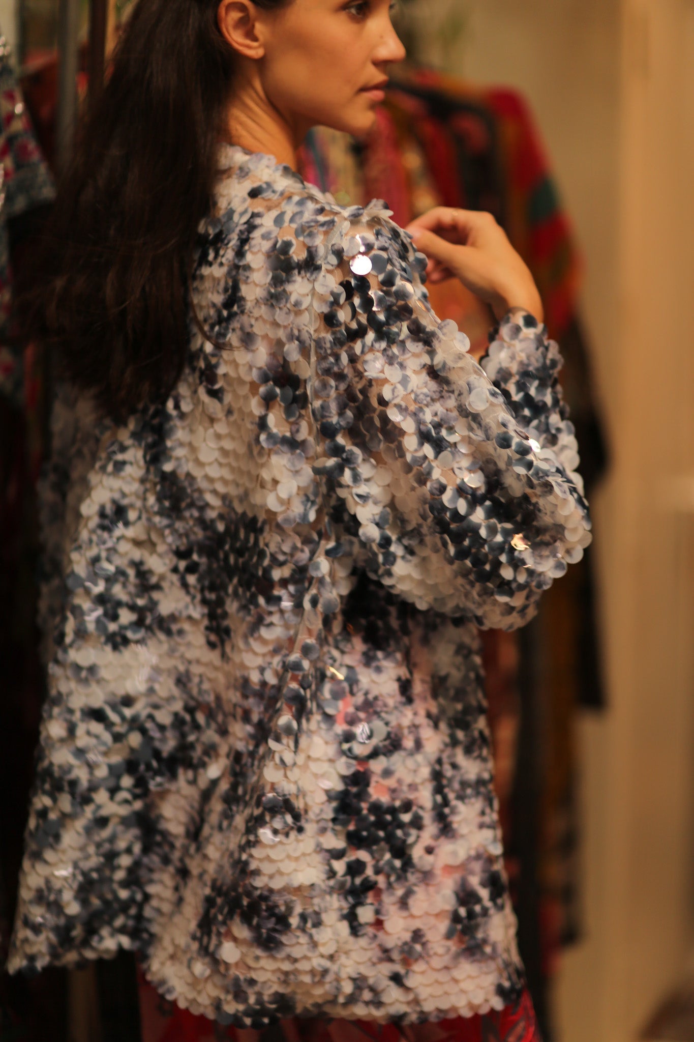 SEQUIN EMBROIDERED SHORT GLITTER KIMONO OLIVES - BANGKOK TAILOR CLOTHING STORE - HANDMADE CLOTHING