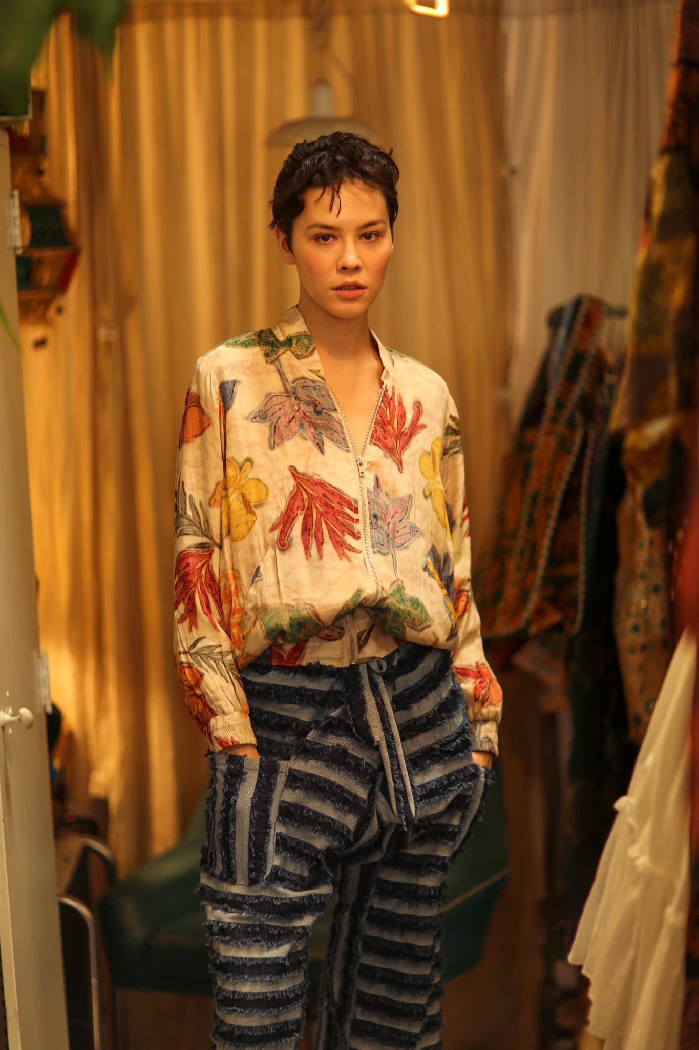 SILK BLOCK PRINT BOMBER JACKET ANCHA PRESSED FLOWERS - BANGKOK TAILOR CLOTHING STORE - HANDMADE CLOTHING