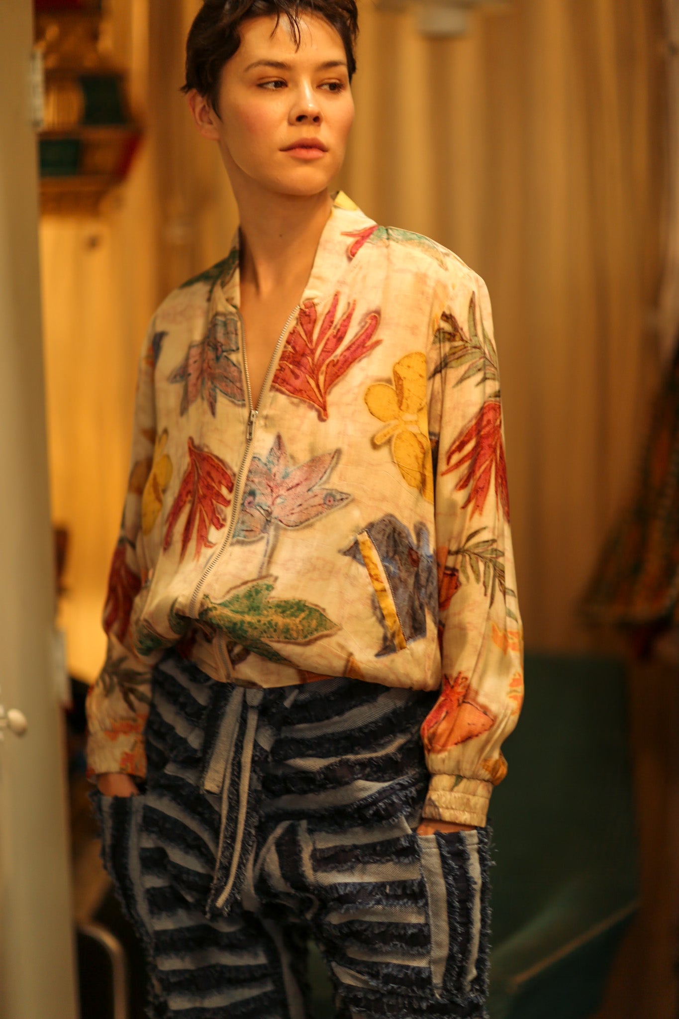 SILK BLOCK PRINT BOMBER JACKET ANCHA PRESSED FLOWERS - BANGKOK TAILOR CLOTHING STORE - HANDMADE CLOTHING