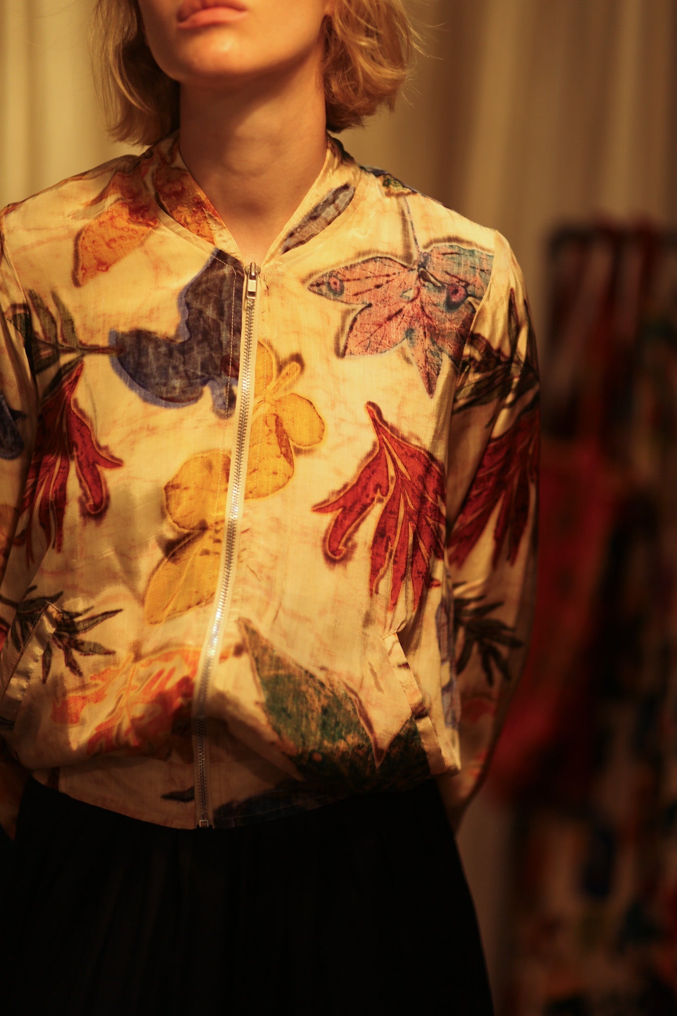 SILK BLOCK PRINT BOMBER JACKET ANCHA PRESSED FLOWERS - BANGKOK TAILOR CLOTHING STORE - HANDMADE CLOTHING