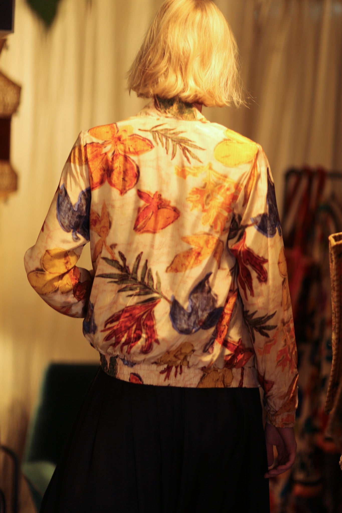 SILK BLOCK PRINT BOMBER JACKET ANCHA PRESSED FLOWERS - BANGKOK TAILOR CLOTHING STORE - HANDMADE CLOTHING