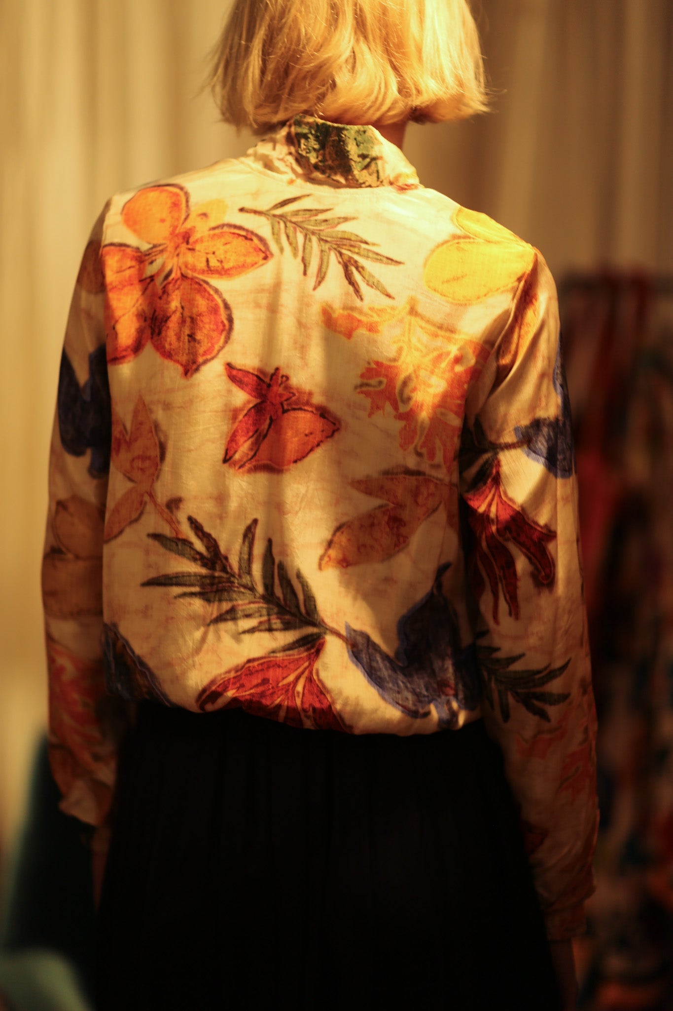 SILK BLOCK PRINT BOMBER JACKET ANCHA PRESSED FLOWERS - BANGKOK TAILOR CLOTHING STORE - HANDMADE CLOTHING