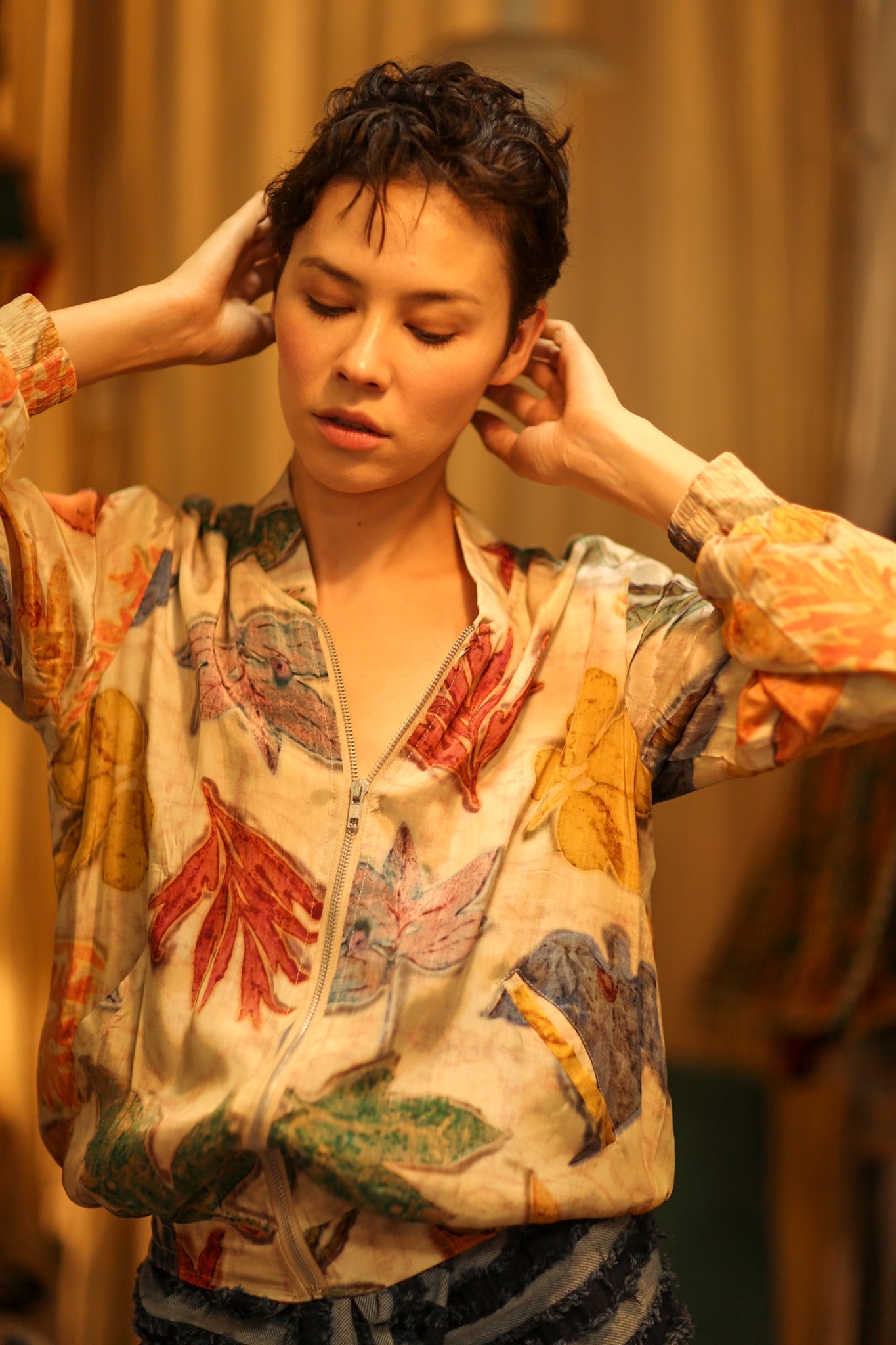 SILK BLOCK PRINT BOMBER JACKET ANCHA PRESSED FLOWERS - BANGKOK TAILOR CLOTHING STORE - HANDMADE CLOTHING