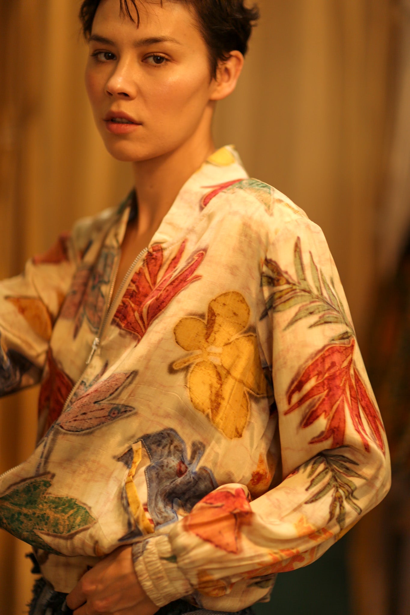SILK BLOCK PRINT BOMBER JACKET ANCHA PRESSED FLOWERS - BANGKOK TAILOR CLOTHING STORE - HANDMADE CLOTHING