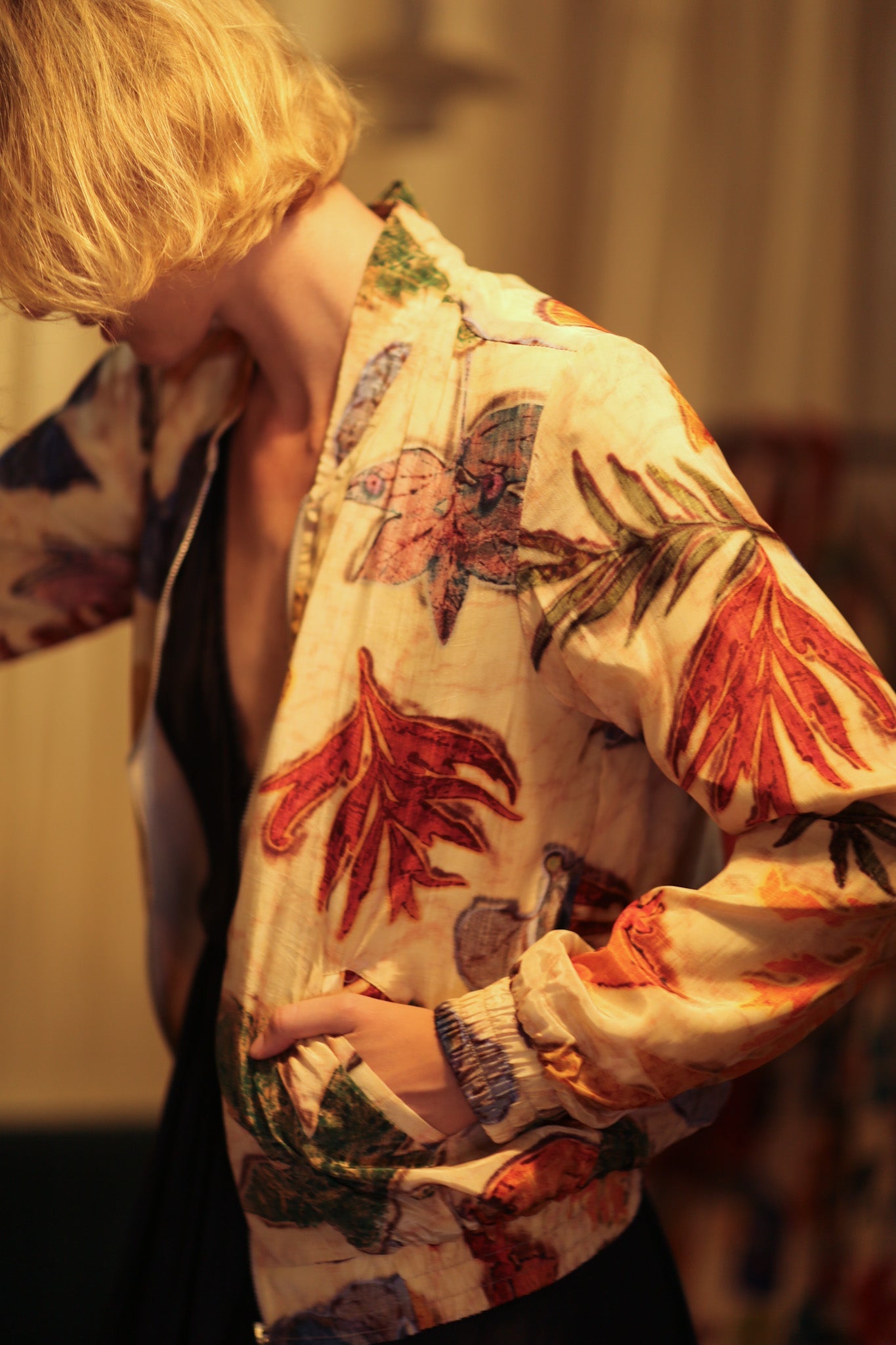 SILK BLOCK PRINT BOMBER JACKET ANCHA PRESSED FLOWERS - BANGKOK TAILOR CLOTHING STORE - HANDMADE CLOTHING
