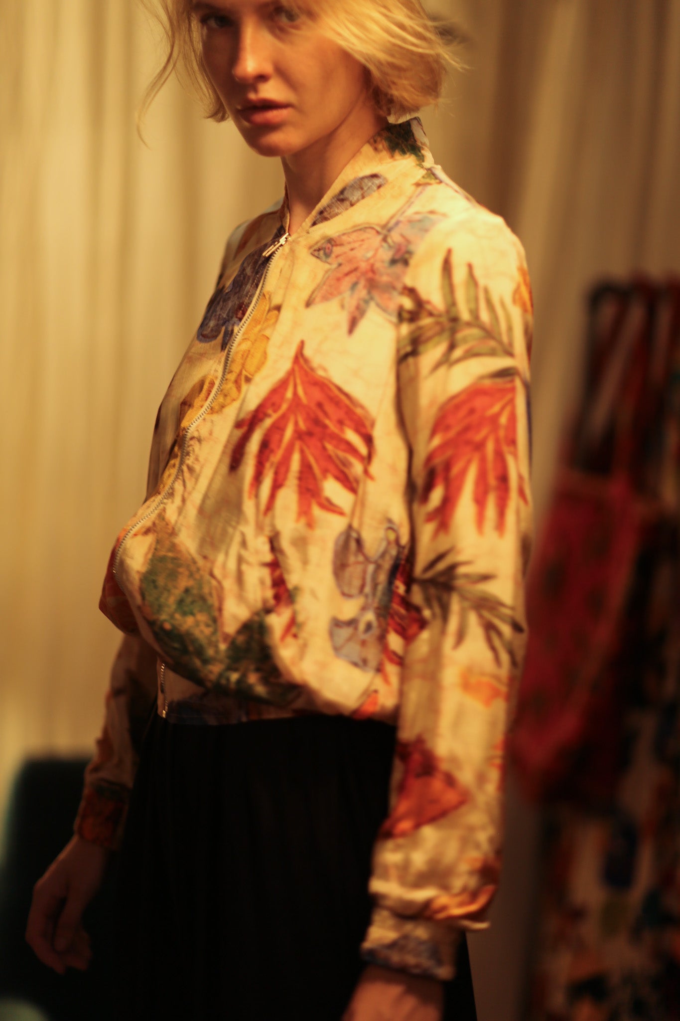 SILK BLOCK PRINT BOMBER JACKET ANCHA PRESSED FLOWERS - BANGKOK TAILOR CLOTHING STORE - HANDMADE CLOTHING