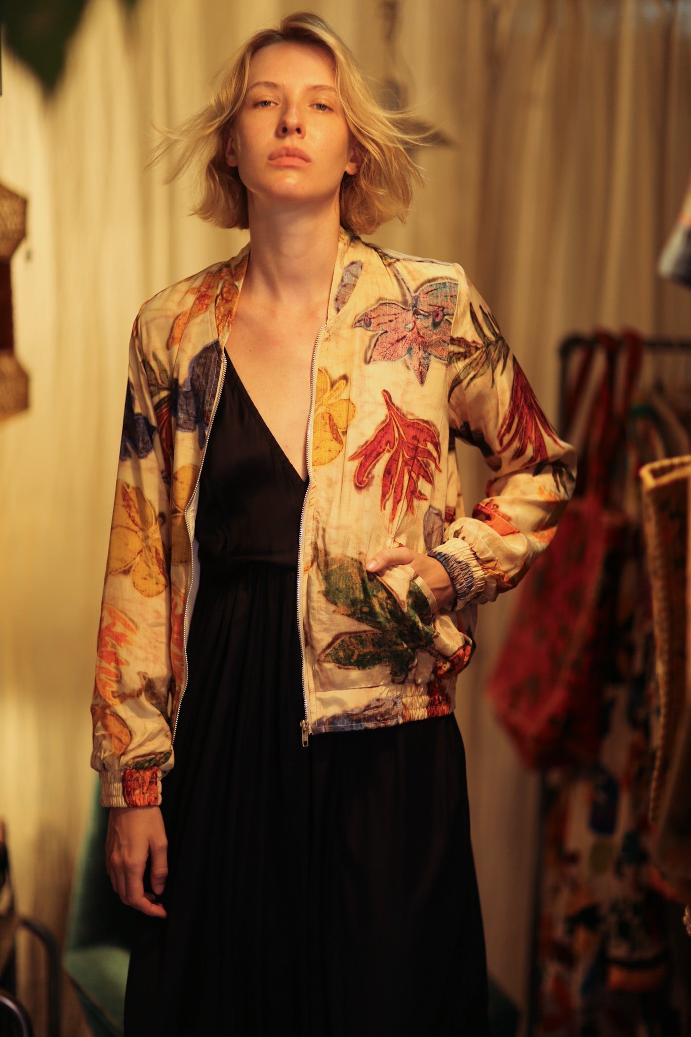 SILK BLOCK PRINT BOMBER JACKET ANCHA PRESSED FLOWERS - BANGKOK TAILOR CLOTHING STORE - HANDMADE CLOTHING