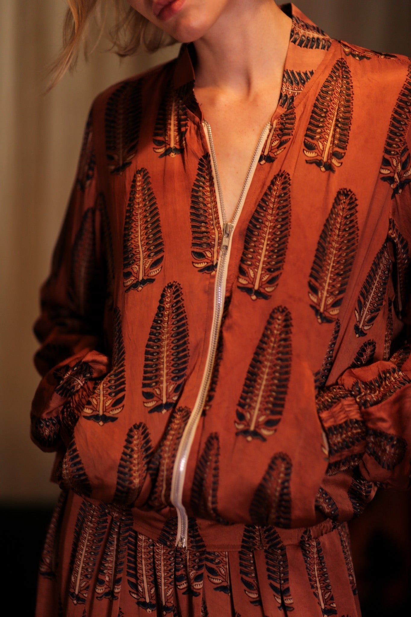 SILK BOMBER JACKET ANCHA BROWN LEAFES - BANGKOK TAILOR CLOTHING STORE - HANDMADE CLOTHING