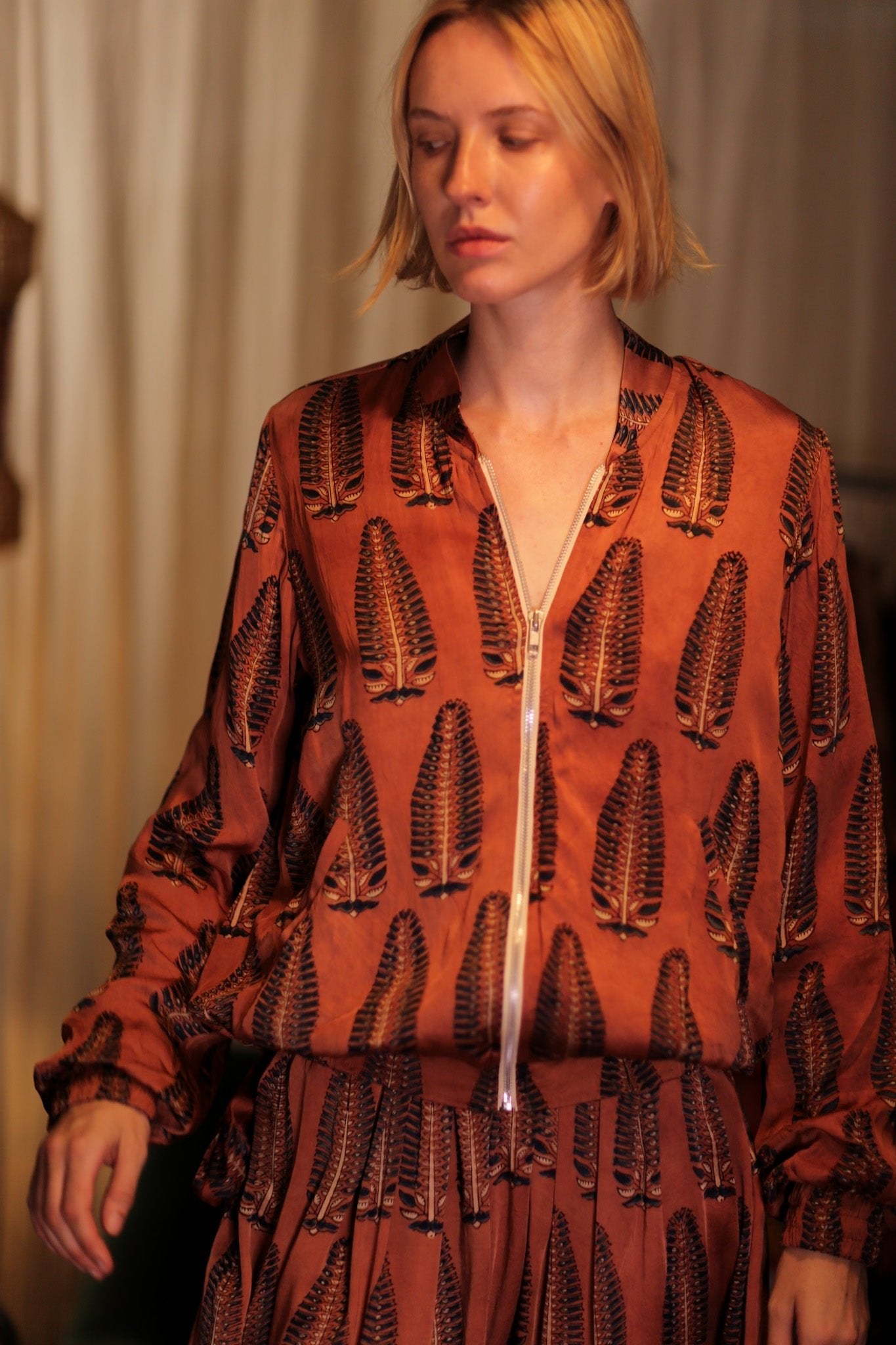 SILK BOMBER JACKET ANCHA BROWN LEAFES - BANGKOK TAILOR CLOTHING STORE - HANDMADE CLOTHING