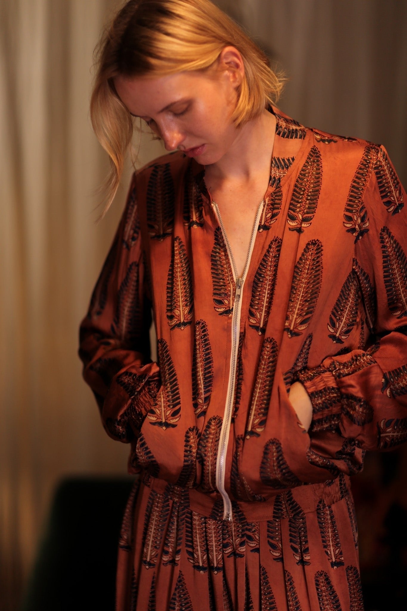 SILK BOMBER JACKET ANCHA BROWN LEAFES - BANGKOK TAILOR CLOTHING STORE - HANDMADE CLOTHING