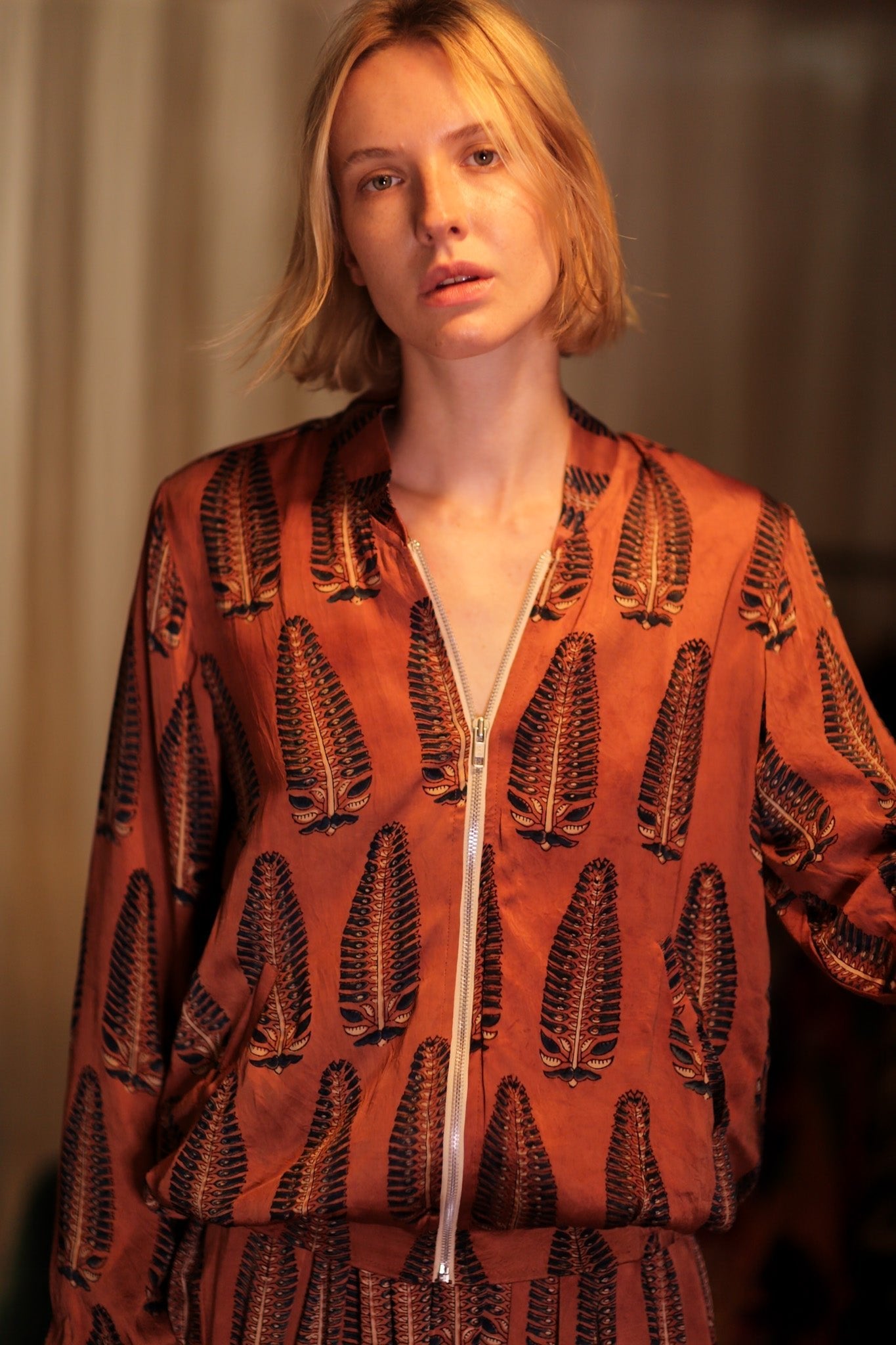 SILK BOMBER JACKET ANCHA BROWN LEAFES - BANGKOK TAILOR CLOTHING STORE - HANDMADE CLOTHING