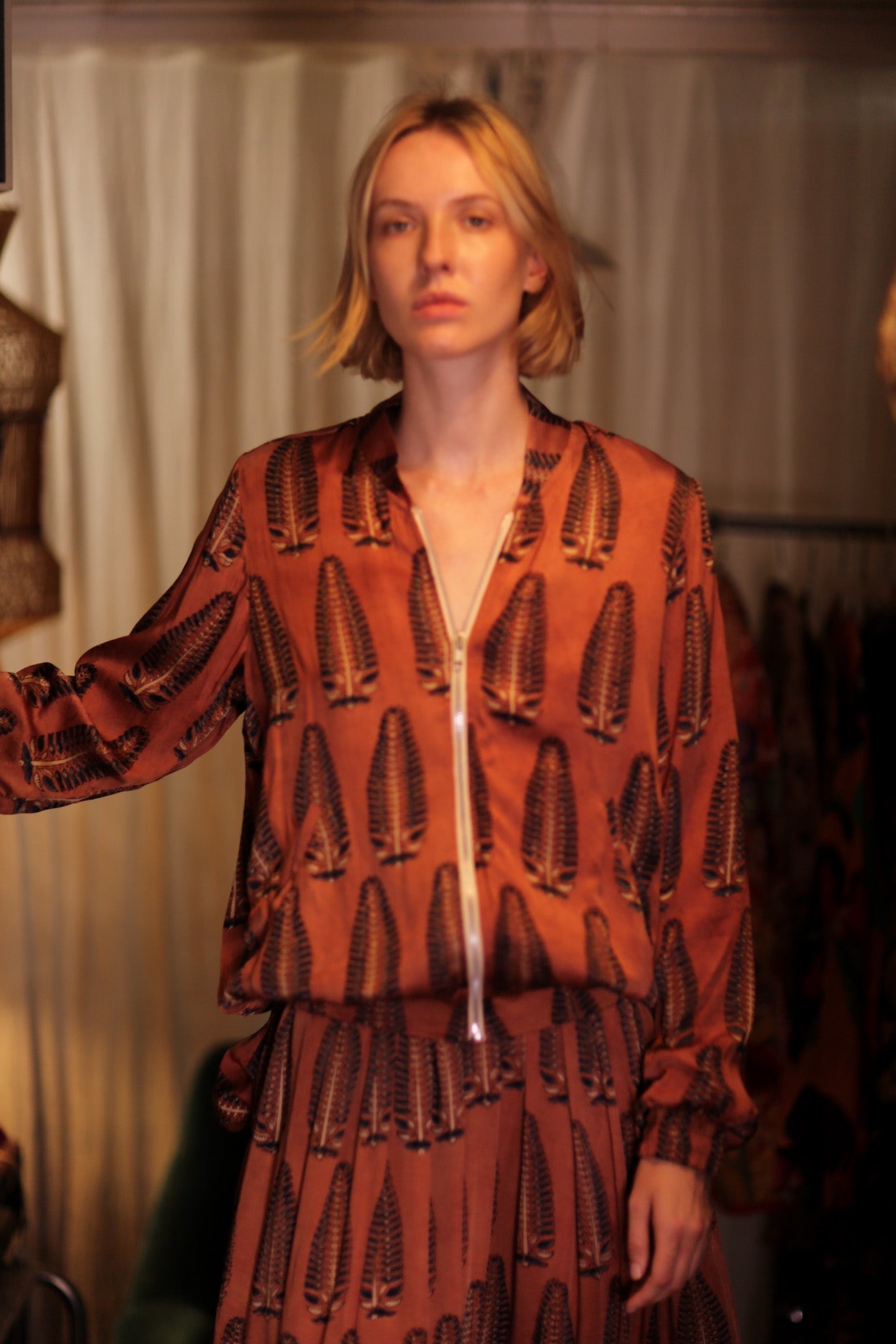 SILK BOMBER JACKET ANCHA BROWN LEAFES - BANGKOK TAILOR CLOTHING STORE - HANDMADE CLOTHING
