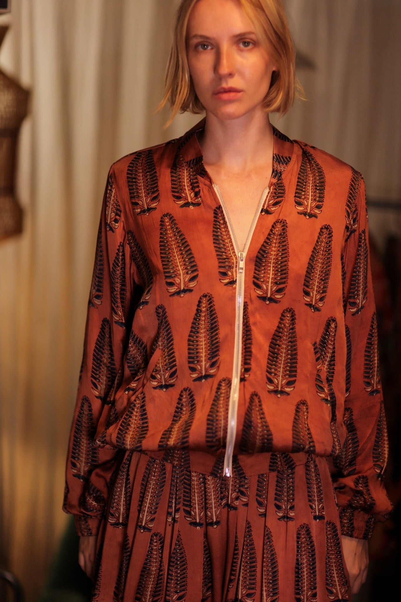 SILK BOMBER JACKET ANCHA BROWN LEAFES - BANGKOK TAILOR CLOTHING STORE - HANDMADE CLOTHING