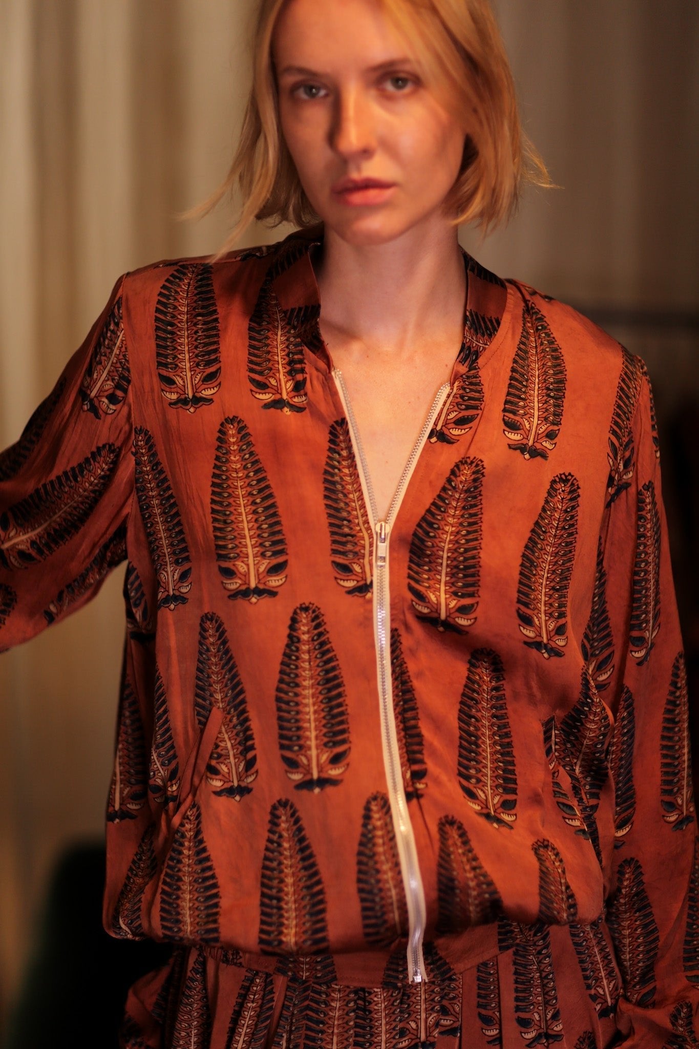 SILK BOMBER JACKET ANCHA BROWN LEAFES - BANGKOK TAILOR CLOTHING STORE - HANDMADE CLOTHING