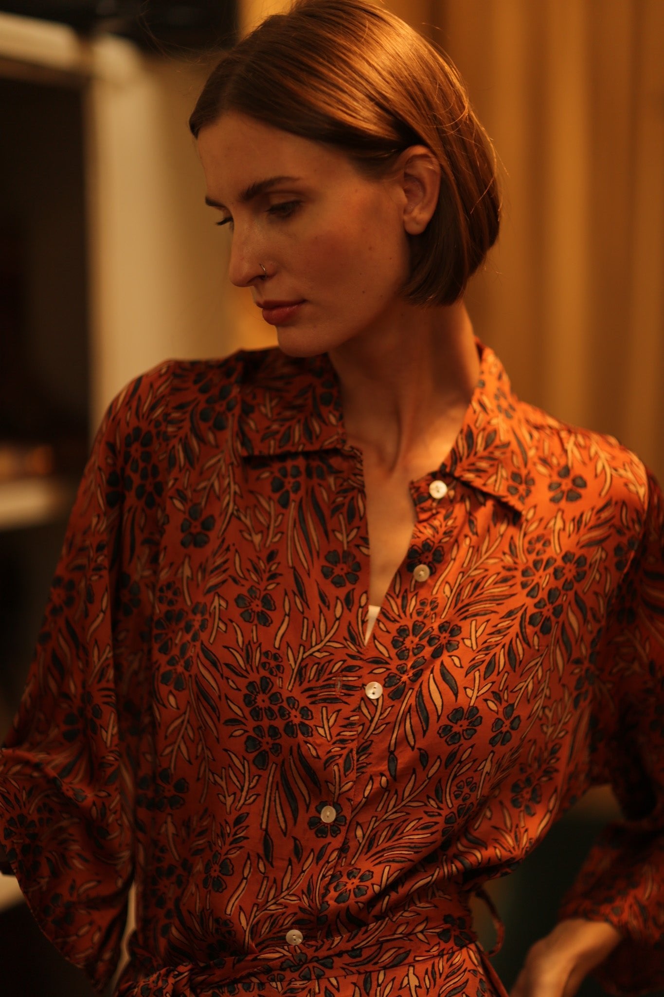 SILK DRESS FATOU HAND BLOCK PRINT - BANGKOK TAILOR CLOTHING STORE - HANDMADE CLOTHING