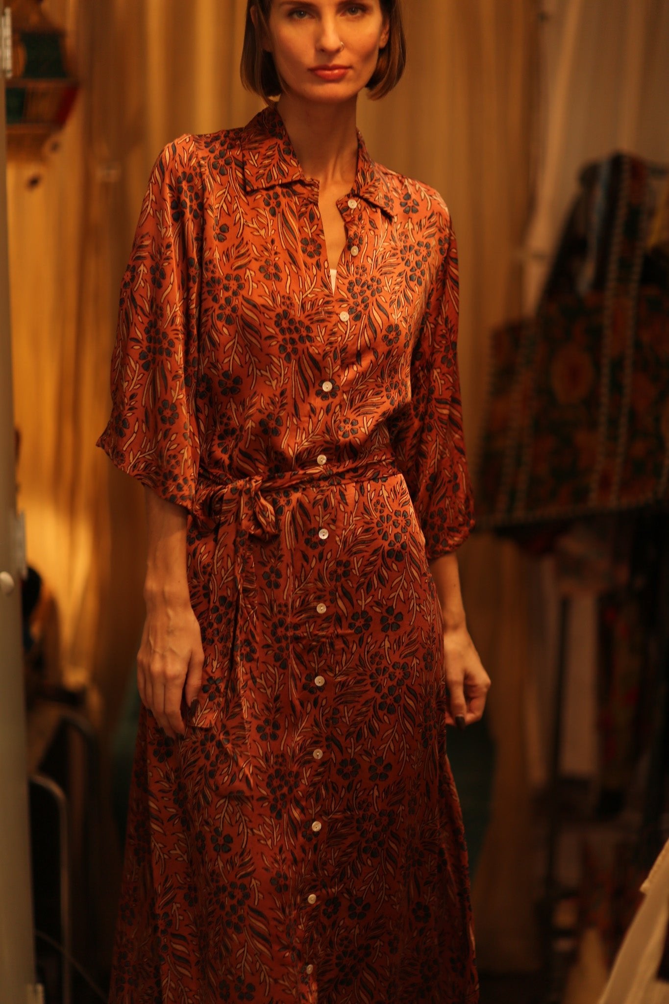 SILK DRESS FATOU HAND BLOCK PRINT - BANGKOK TAILOR CLOTHING STORE - HANDMADE CLOTHING