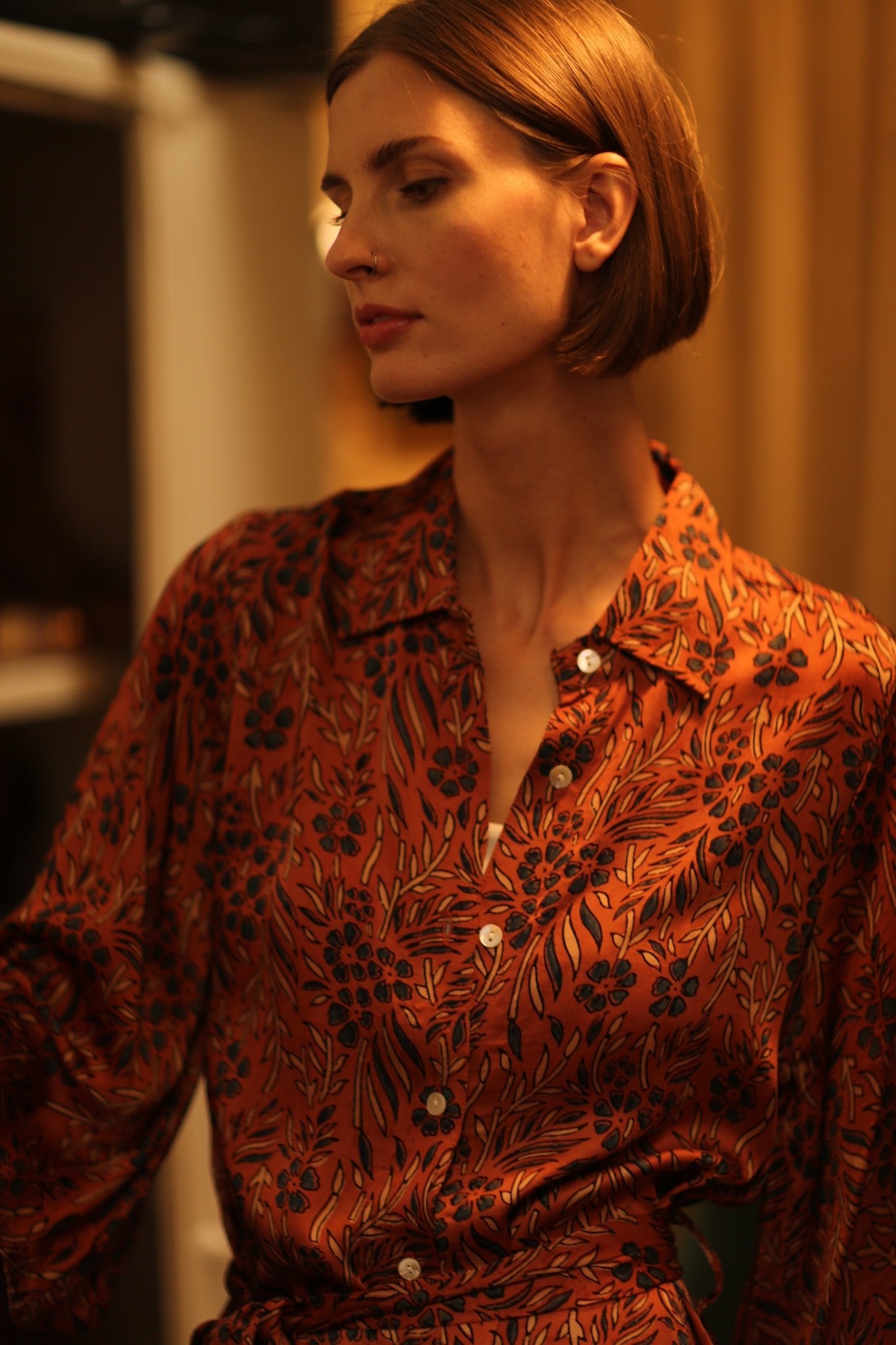 SILK DRESS FATOU HAND BLOCK PRINT - BANGKOK TAILOR CLOTHING STORE - HANDMADE CLOTHING
