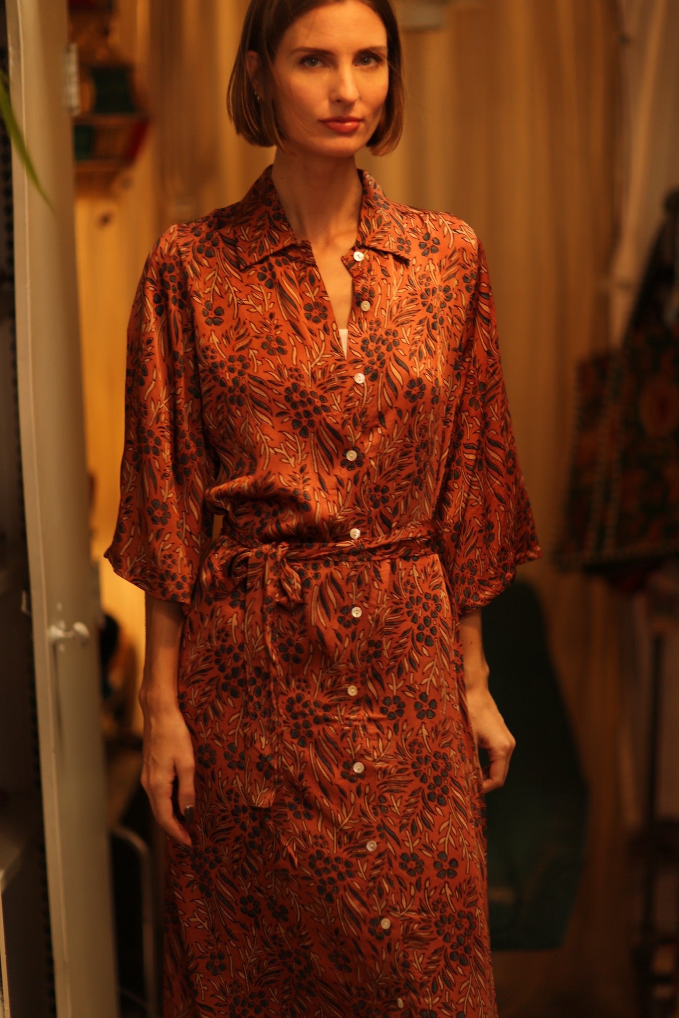 SILK DRESS FATOU HAND BLOCK PRINT - BANGKOK TAILOR CLOTHING STORE - HANDMADE CLOTHING
