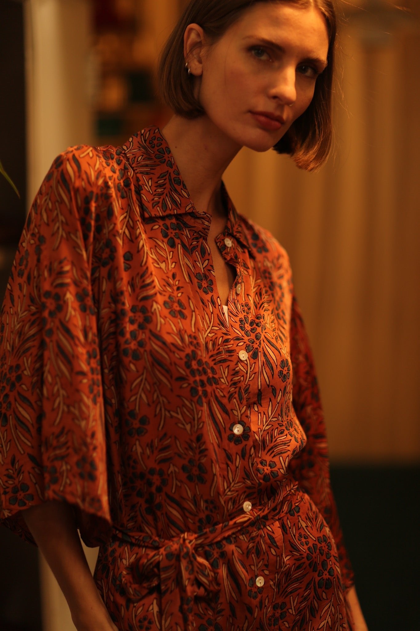 SILK DRESS FATOU HAND BLOCK PRINT - BANGKOK TAILOR CLOTHING STORE - HANDMADE CLOTHING