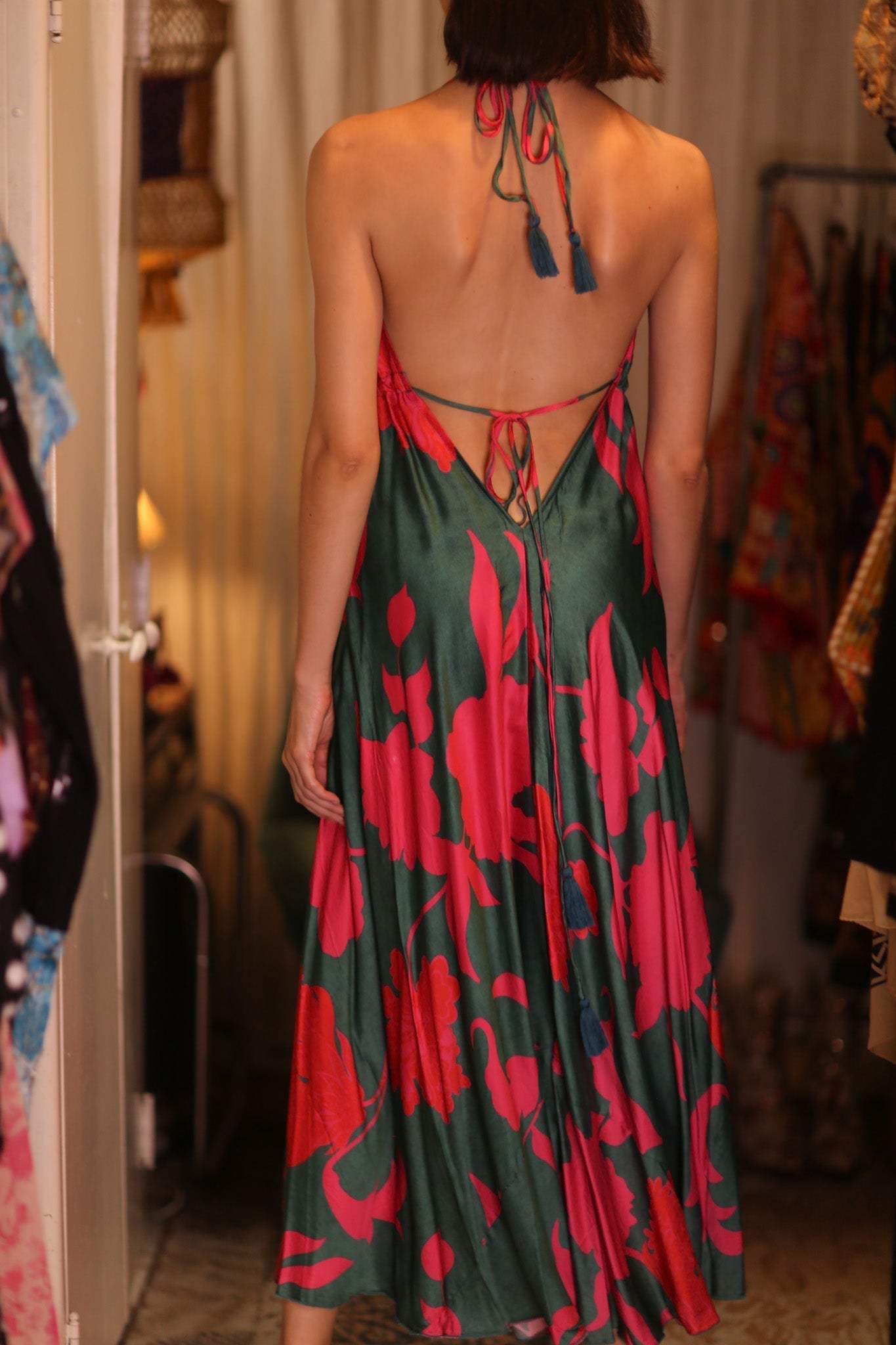 SILK DRESS HANNAH PINK GREEN TROPIC - BANGKOK TAILOR CLOTHING STORE - HANDMADE CLOTHING