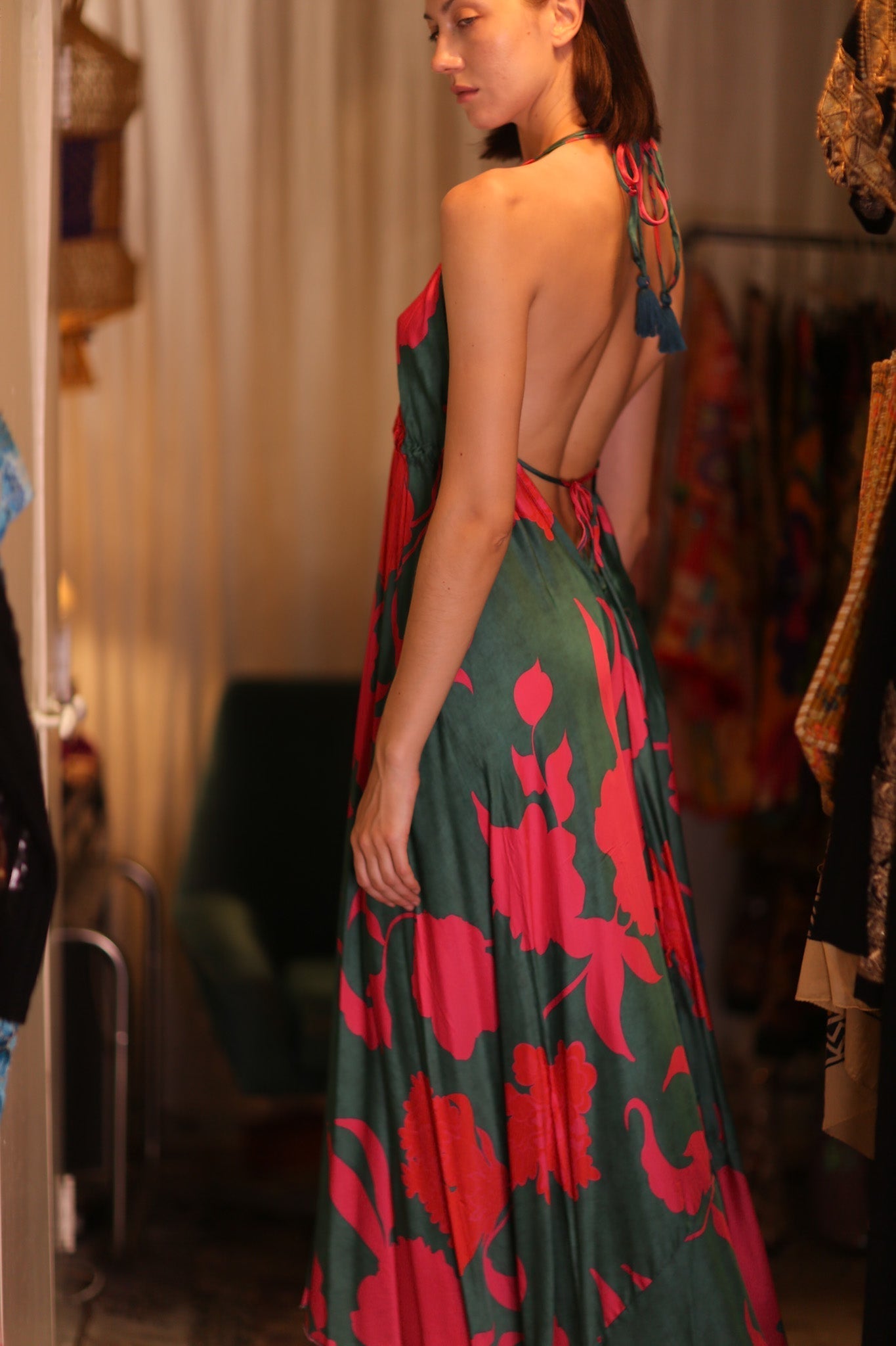 SILK DRESS HANNAH PINK GREEN TROPIC - BANGKOK TAILOR CLOTHING STORE - HANDMADE CLOTHING