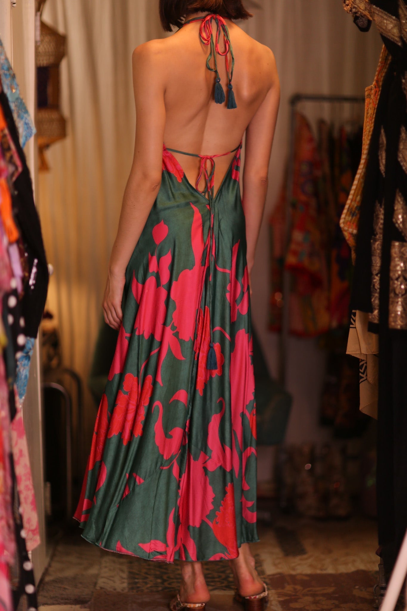 SILK DRESS HANNAH PINK GREEN TROPIC - BANGKOK TAILOR CLOTHING STORE - HANDMADE CLOTHING