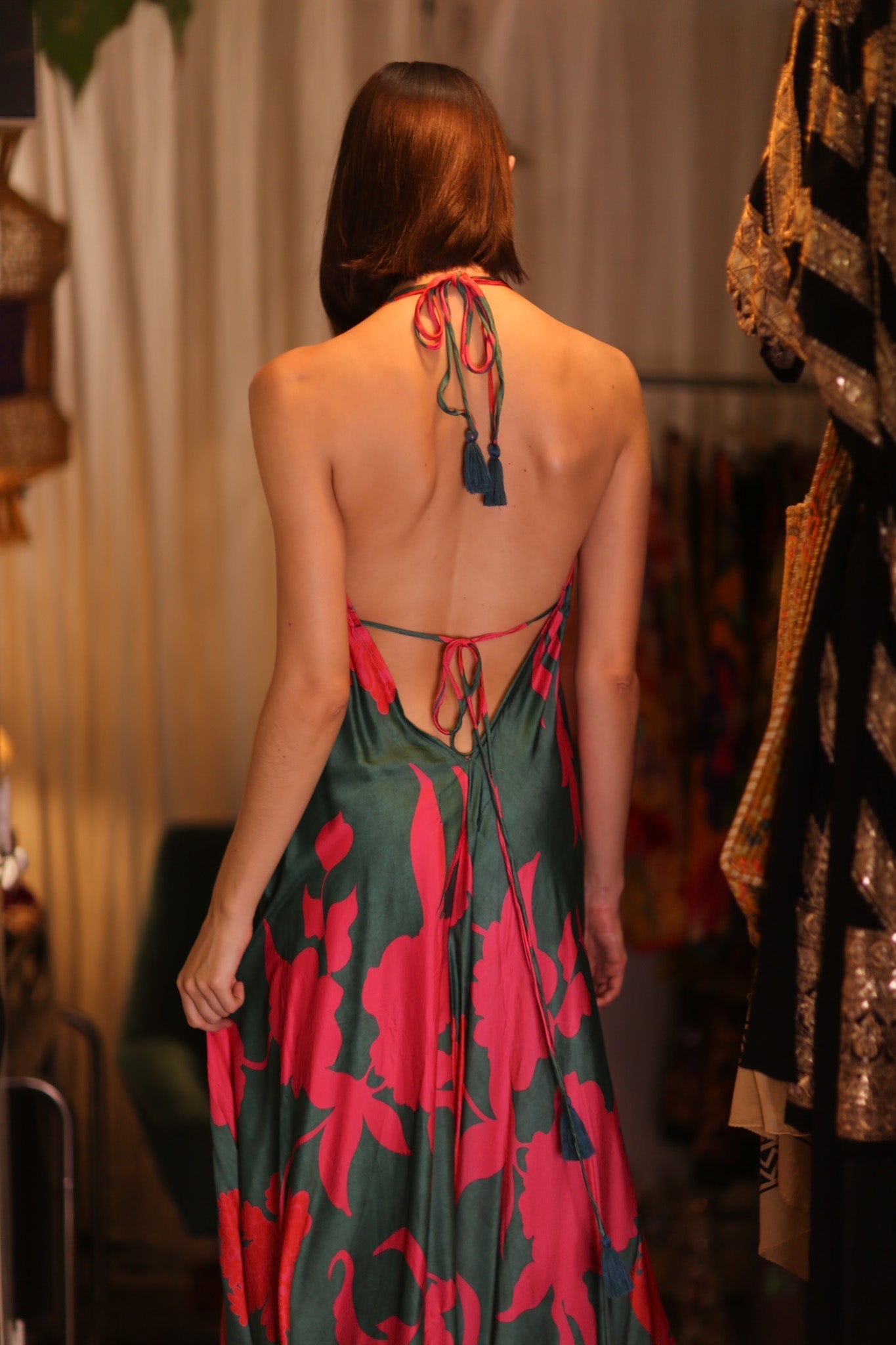 SILK DRESS HANNAH PINK GREEN TROPIC - BANGKOK TAILOR CLOTHING STORE - HANDMADE CLOTHING