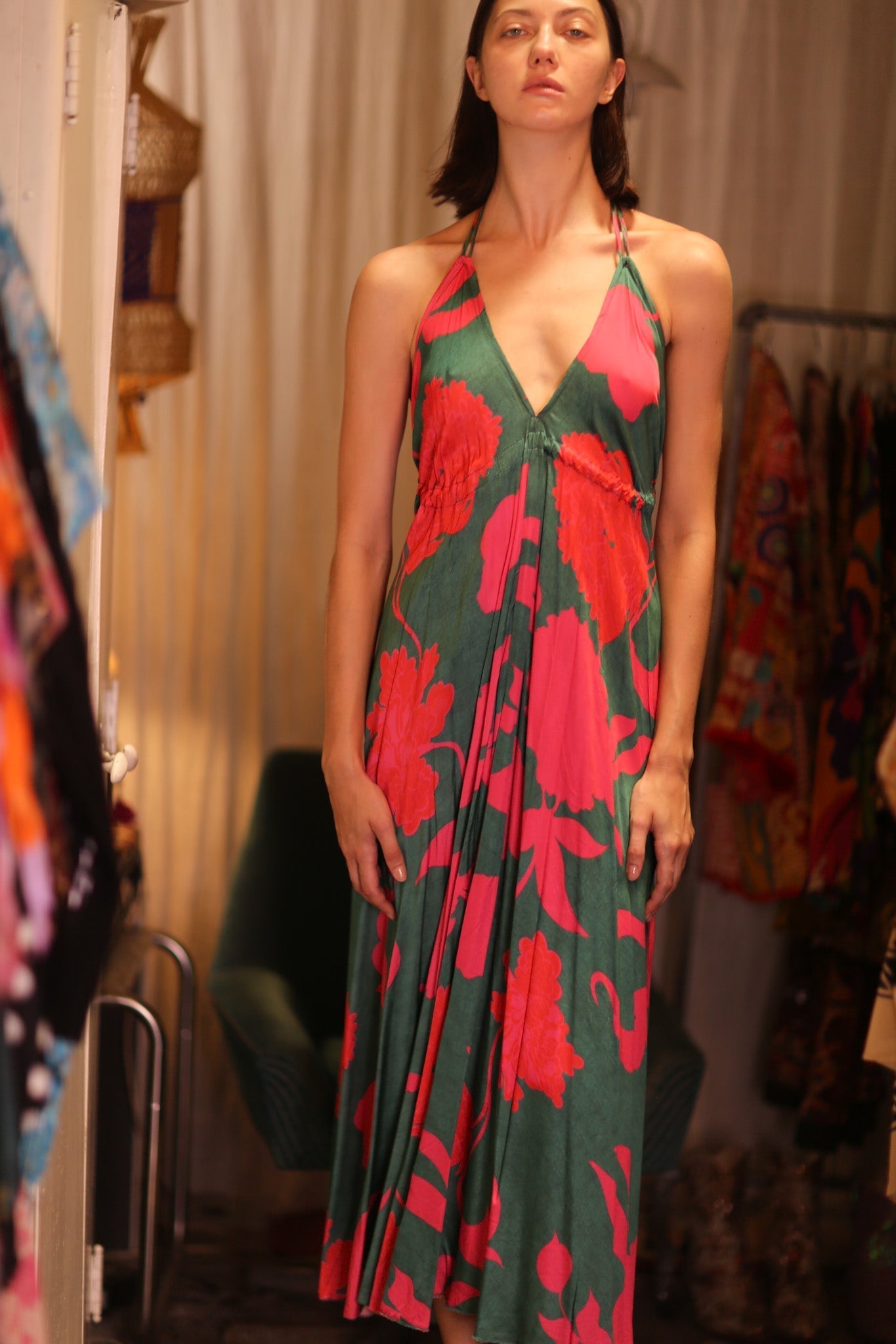 SILK DRESS HANNAH PINK GREEN TROPIC - BANGKOK TAILOR CLOTHING STORE - HANDMADE CLOTHING