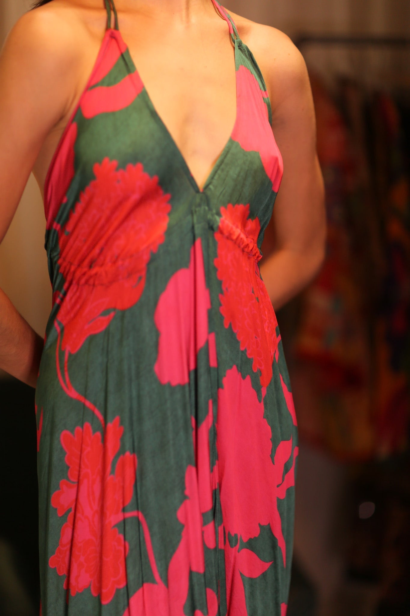 SILK DRESS HANNAH PINK GREEN TROPIC - BANGKOK TAILOR CLOTHING STORE - HANDMADE CLOTHING