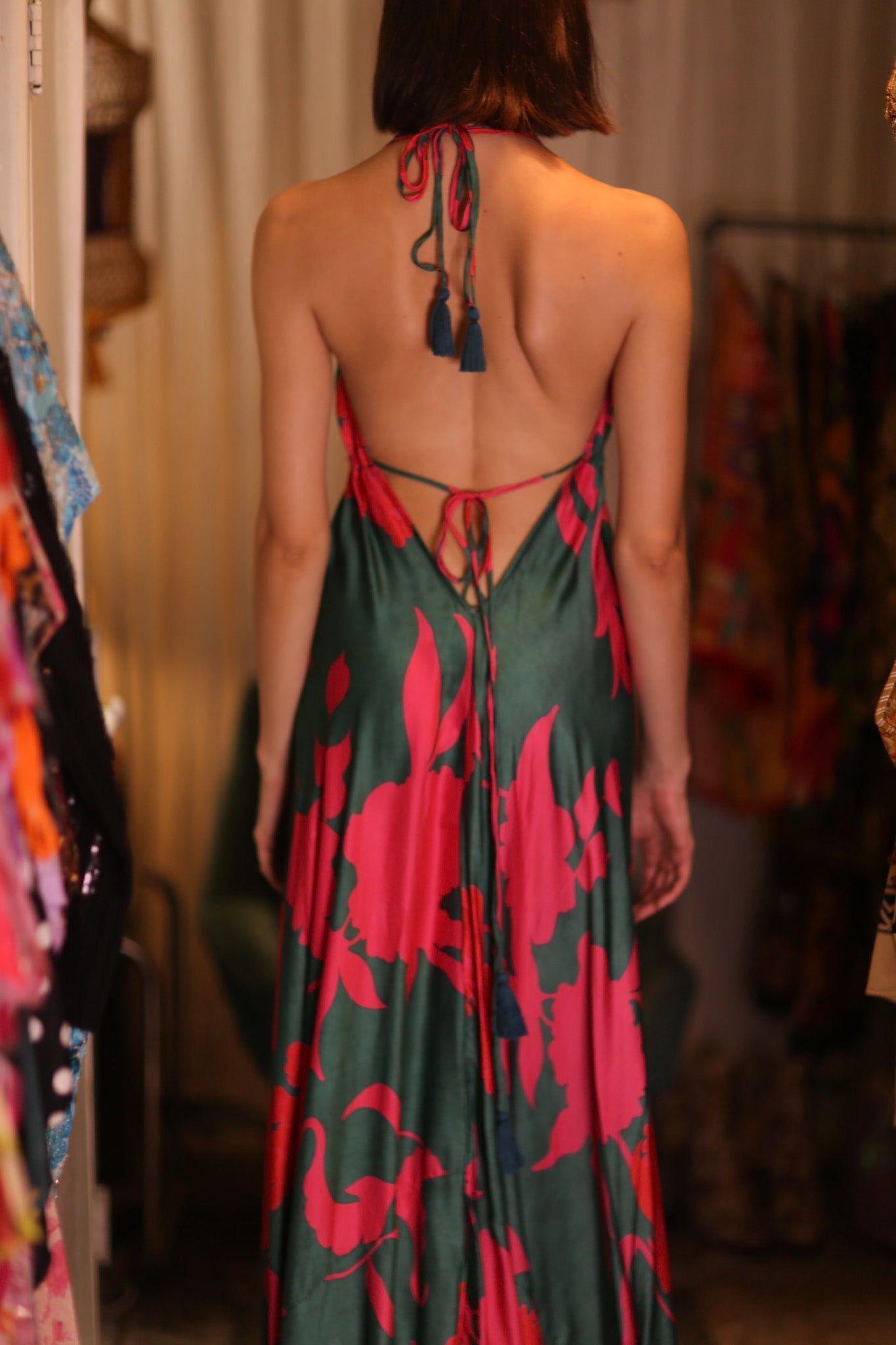 SILK DRESS HANNAH PINK GREEN TROPIC - BANGKOK TAILOR CLOTHING STORE - HANDMADE CLOTHING