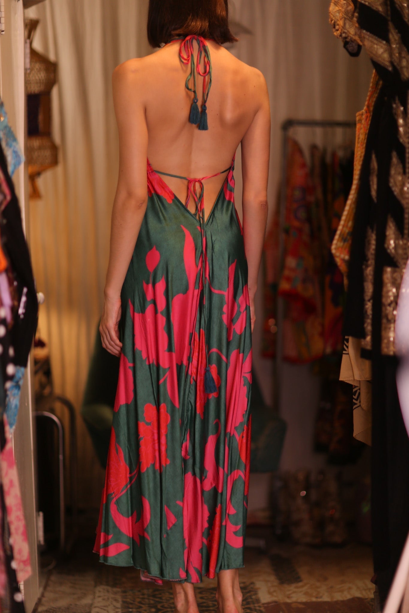 SILK DRESS HANNAH PINK GREEN TROPIC - BANGKOK TAILOR CLOTHING STORE - HANDMADE CLOTHING