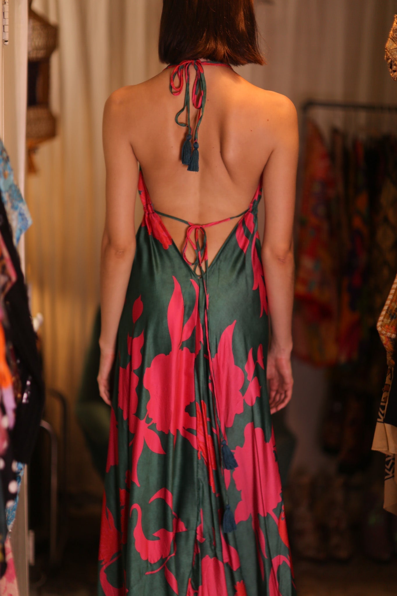 SILK DRESS HANNAH PINK GREEN TROPIC - BANGKOK TAILOR CLOTHING STORE - HANDMADE CLOTHING