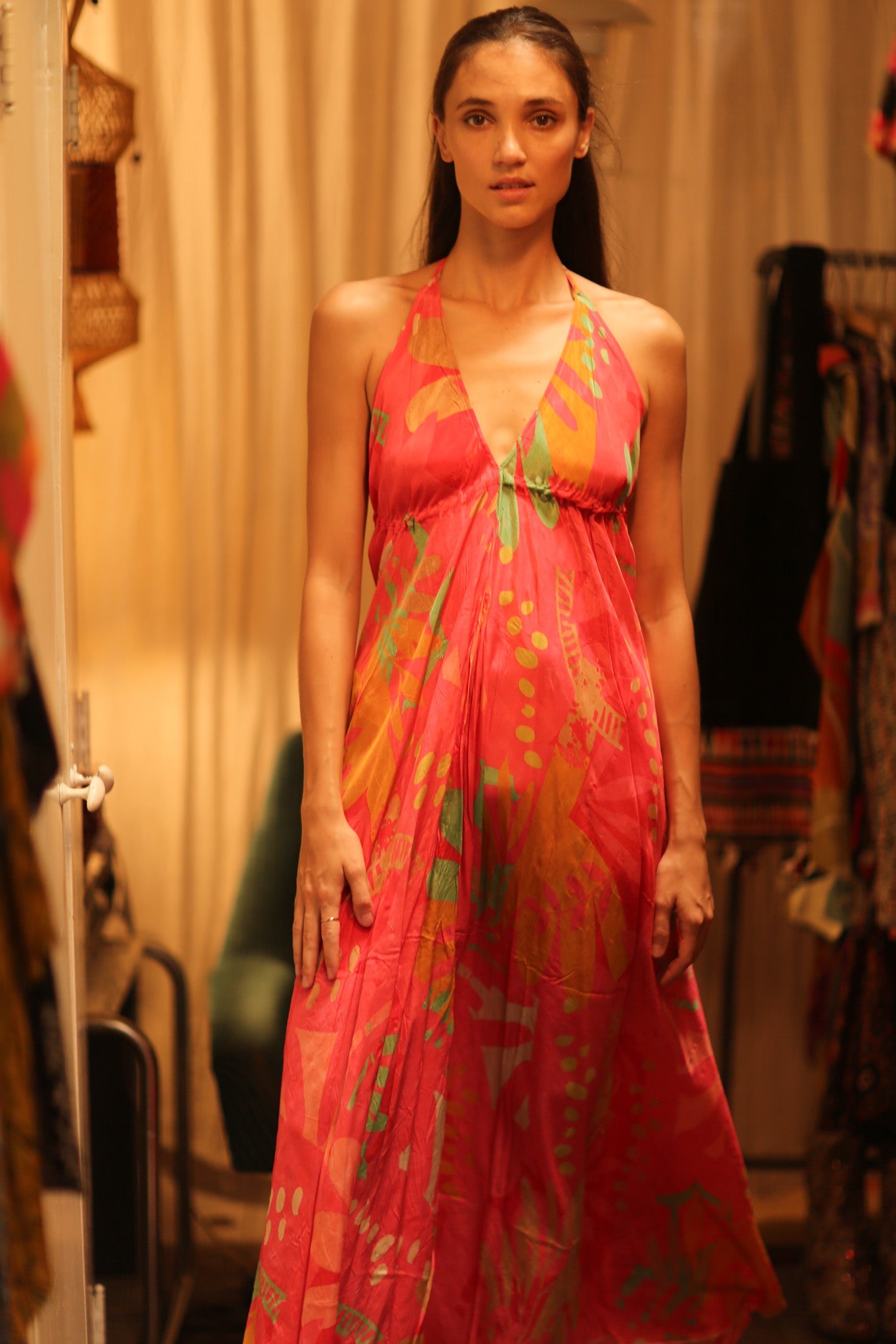 SILK DRESS HANNAH PINK JUNGLE - BANGKOK TAILOR CLOTHING STORE - HANDMADE CLOTHING