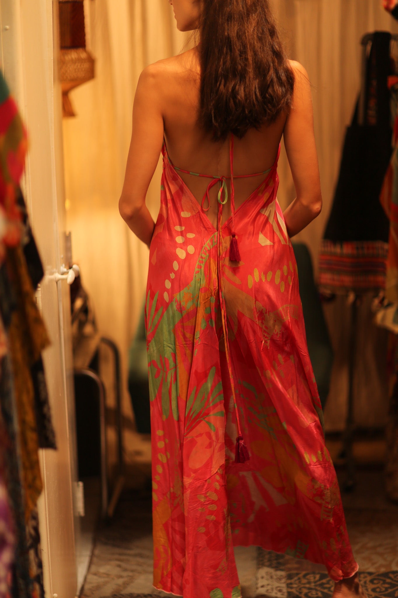 SILK DRESS HANNAH PINK JUNGLE - BANGKOK TAILOR CLOTHING STORE - HANDMADE CLOTHING