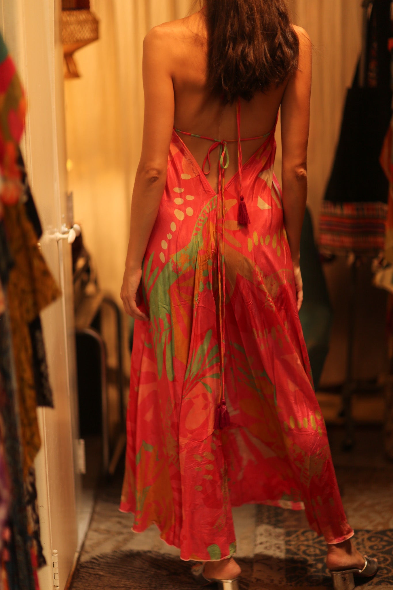 SILK DRESS HANNAH PINK JUNGLE - BANGKOK TAILOR CLOTHING STORE - HANDMADE CLOTHING