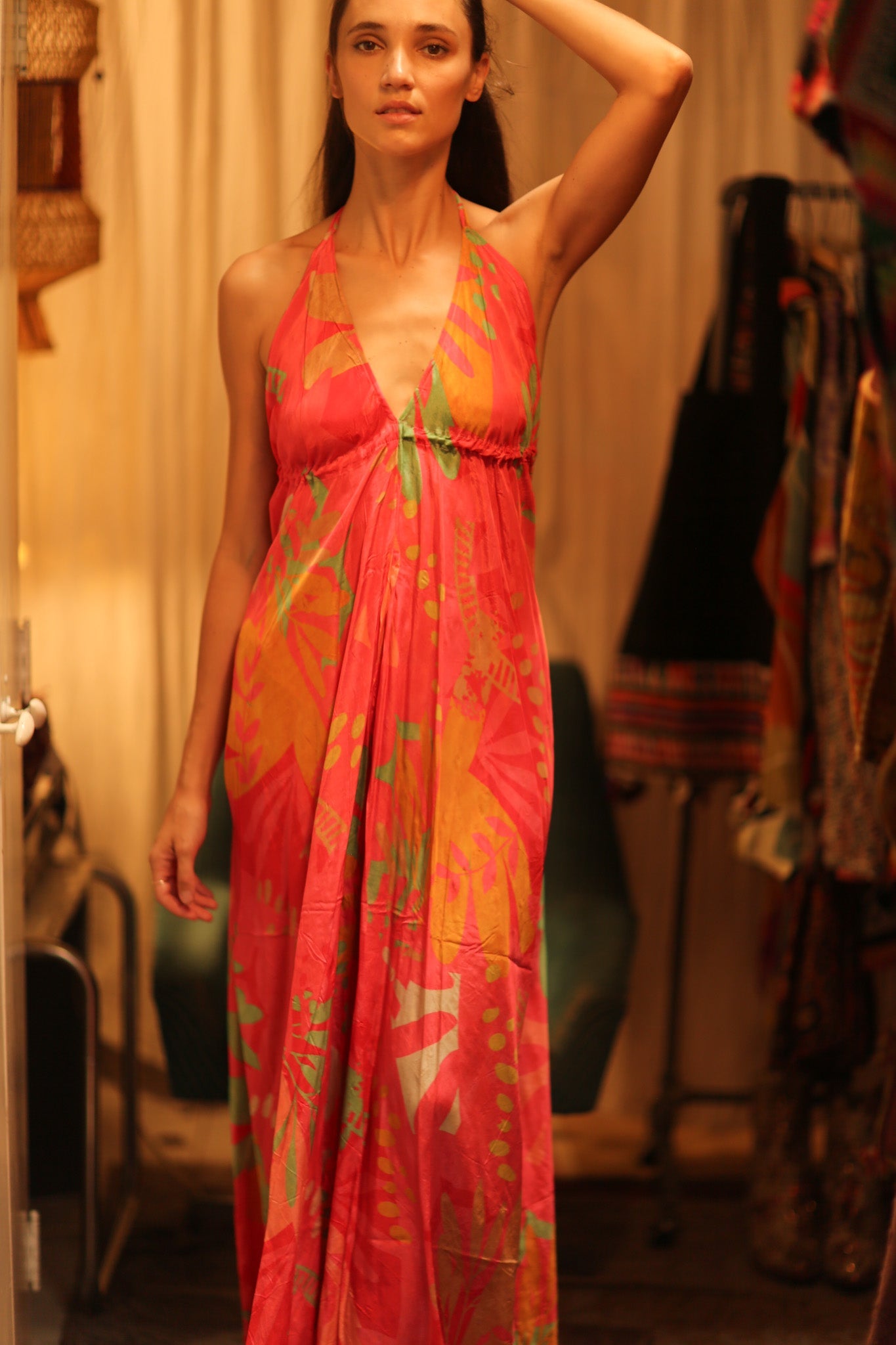 SILK DRESS HANNAH PINK JUNGLE - BANGKOK TAILOR CLOTHING STORE - HANDMADE CLOTHING