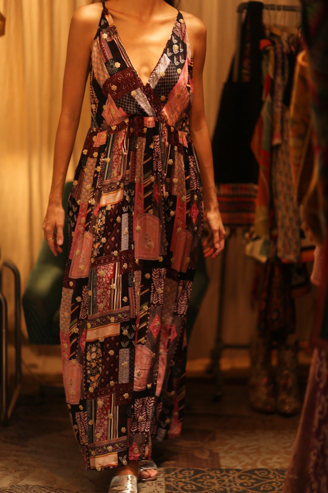 SILK DRESS LILY EMBROIDERED INDIA - BANGKOK TAILOR CLOTHING STORE - HANDMADE CLOTHING