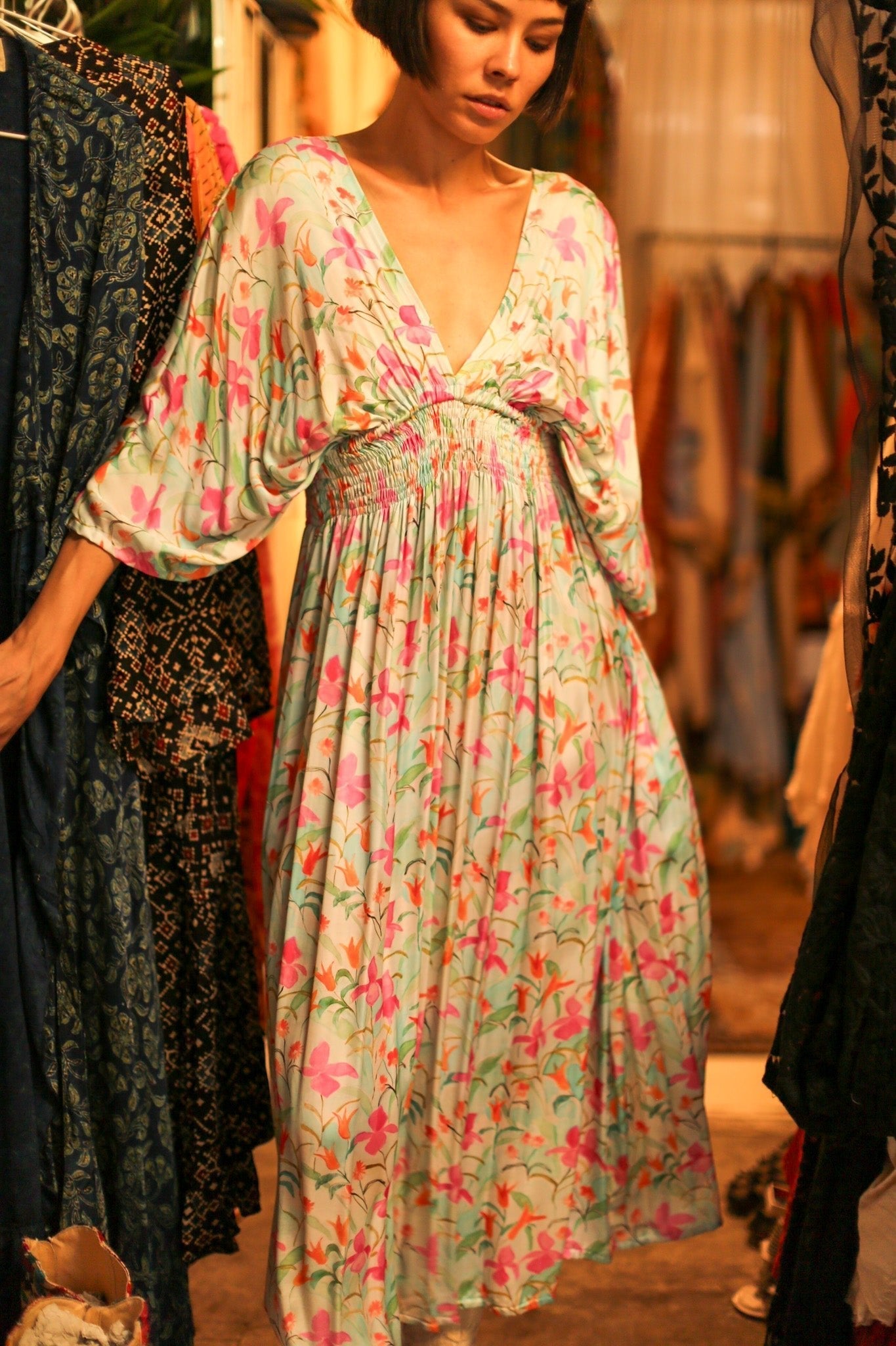 SILK DRESS PINA CREAM FLORAL - BANGKOK TAILOR CLOTHING STORE - HANDMADE CLOTHING