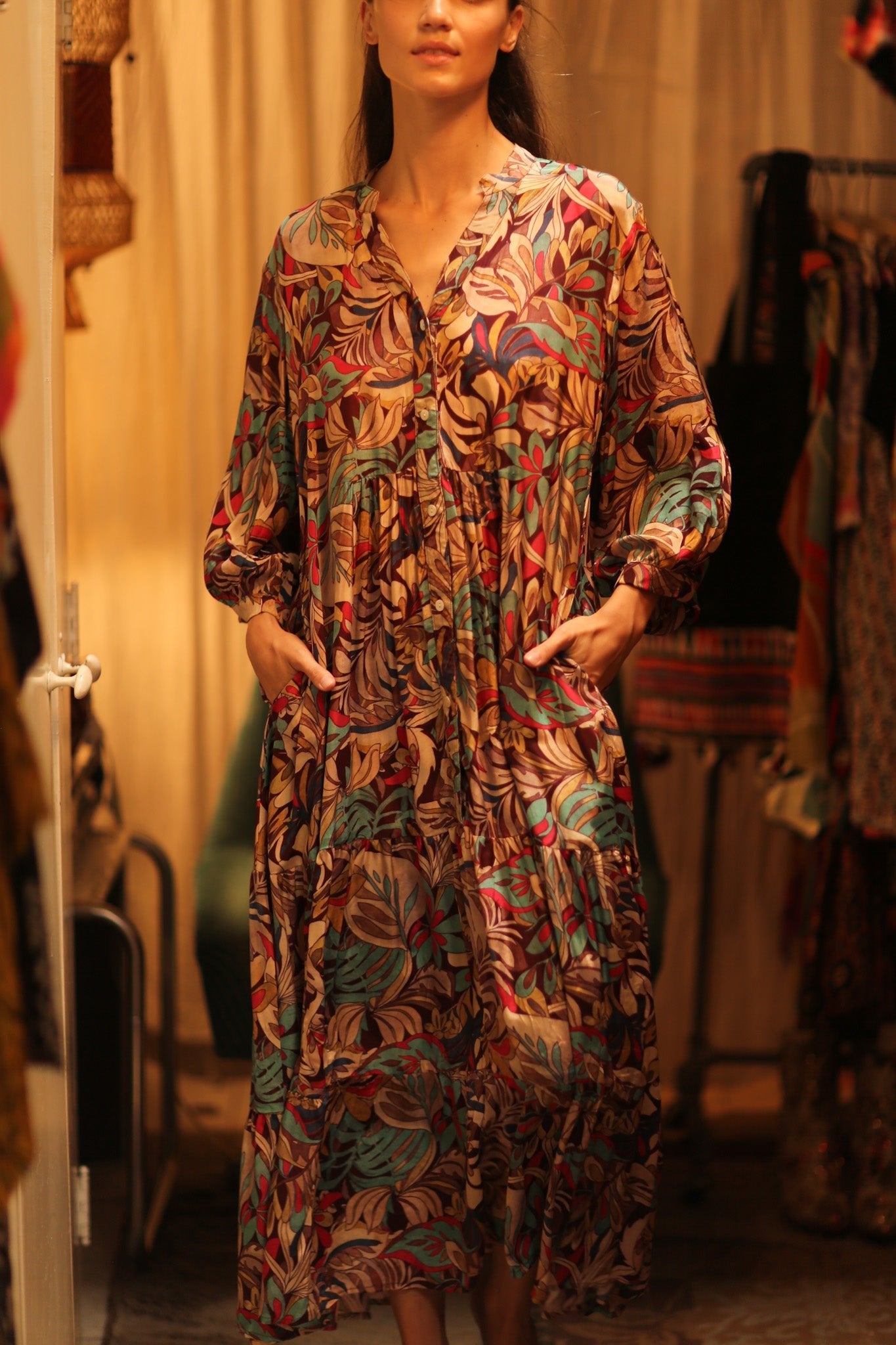 SILK DRESS SUSIE BROWN JUNGLE FEVER - BANGKOK TAILOR CLOTHING STORE - HANDMADE CLOTHING