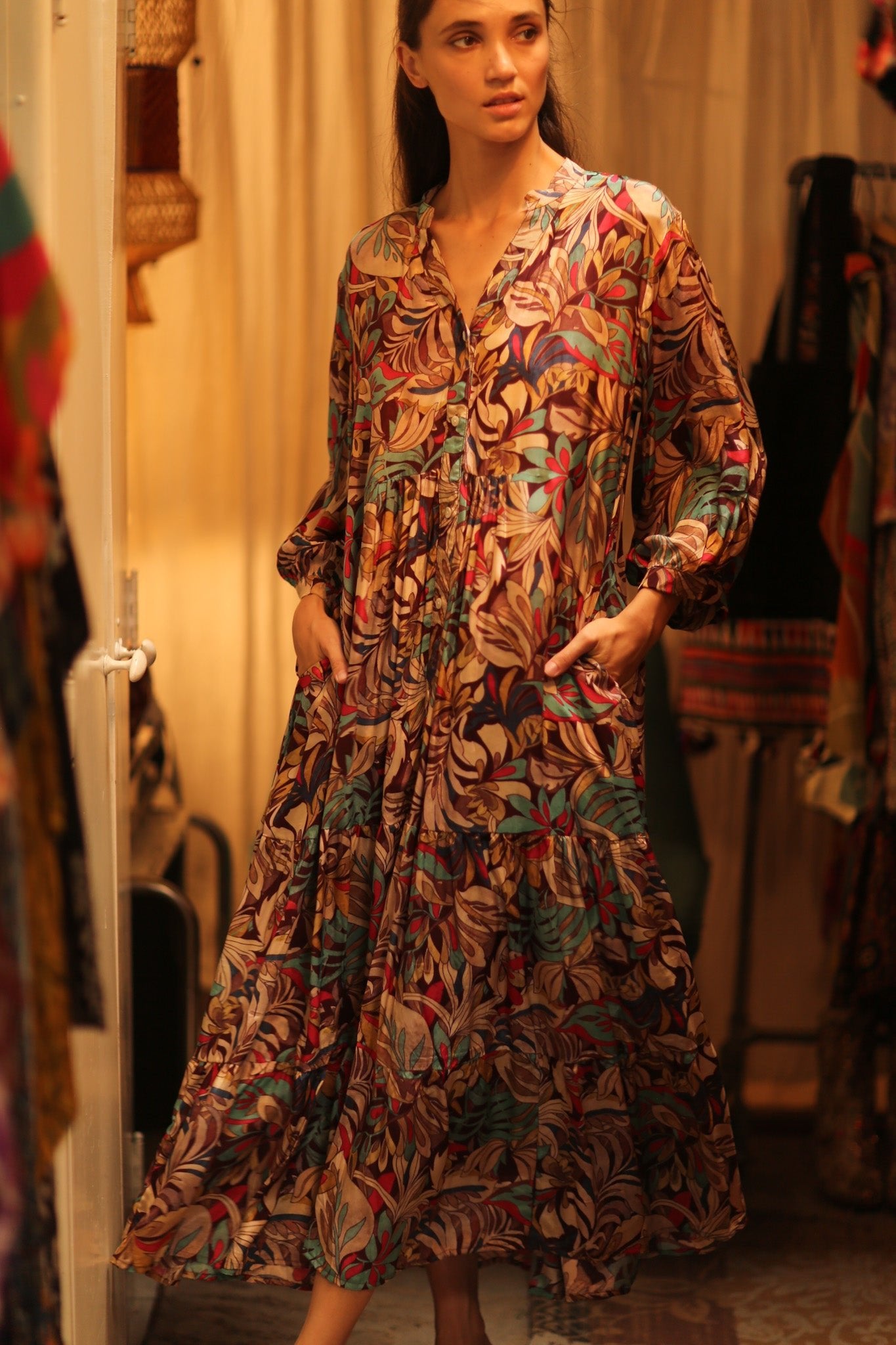 SILK DRESS SUSIE BROWN JUNGLE FEVER - BANGKOK TAILOR CLOTHING STORE - HANDMADE CLOTHING