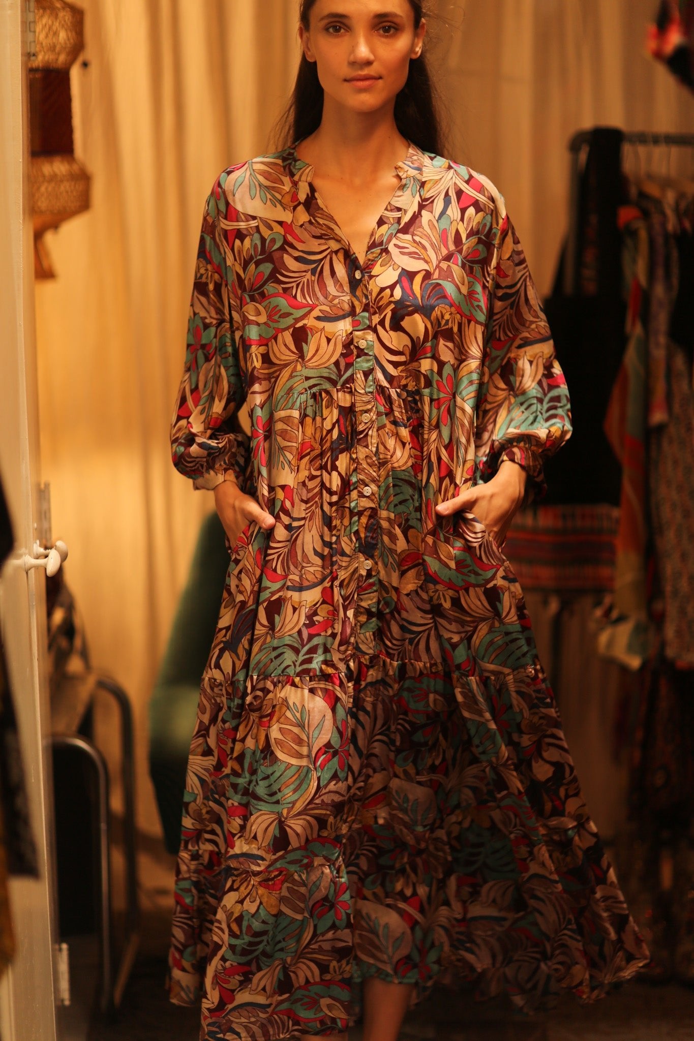 SILK DRESS SUSIE BROWN JUNGLE FEVER - BANGKOK TAILOR CLOTHING STORE - HANDMADE CLOTHING