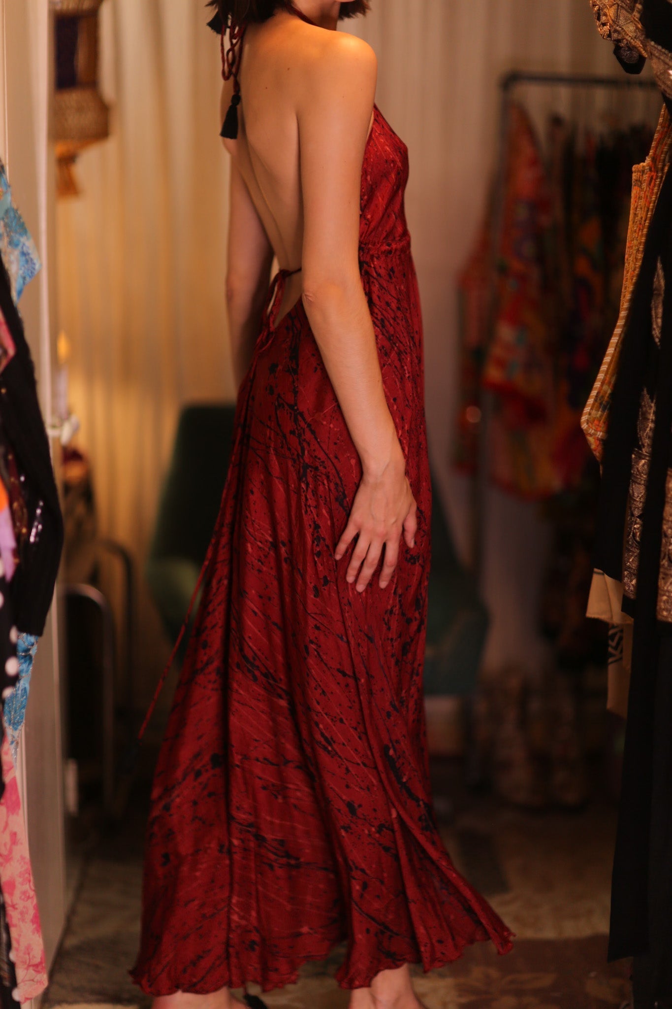 SILK HAND BLOCK PRINT DRESS HANNAH RED ARTIST - BANGKOK TAILOR CLOTHING STORE - HANDMADE CLOTHING