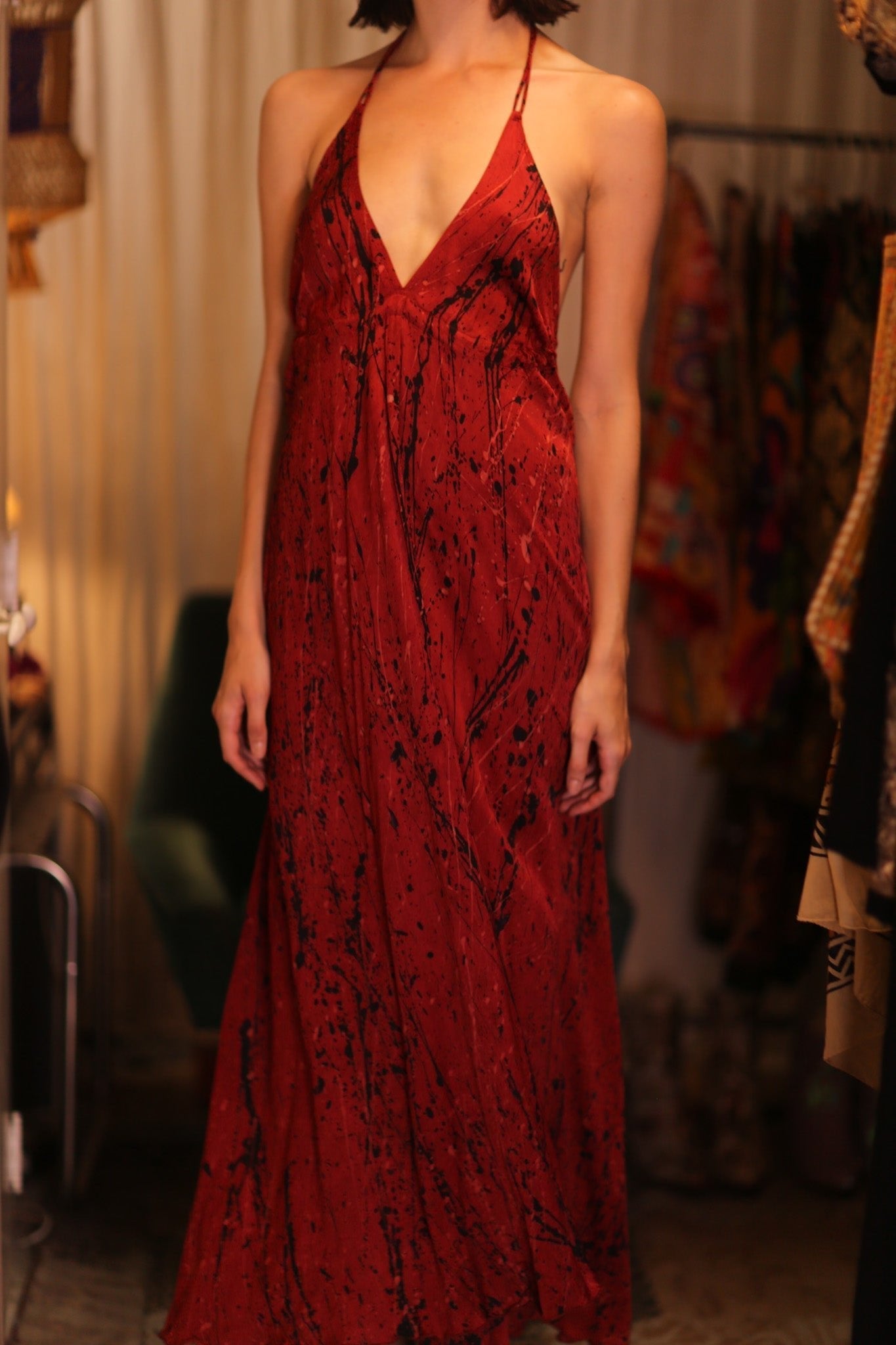 SILK HAND BLOCK PRINT DRESS HANNAH RED ARTIST - BANGKOK TAILOR CLOTHING STORE - HANDMADE CLOTHING