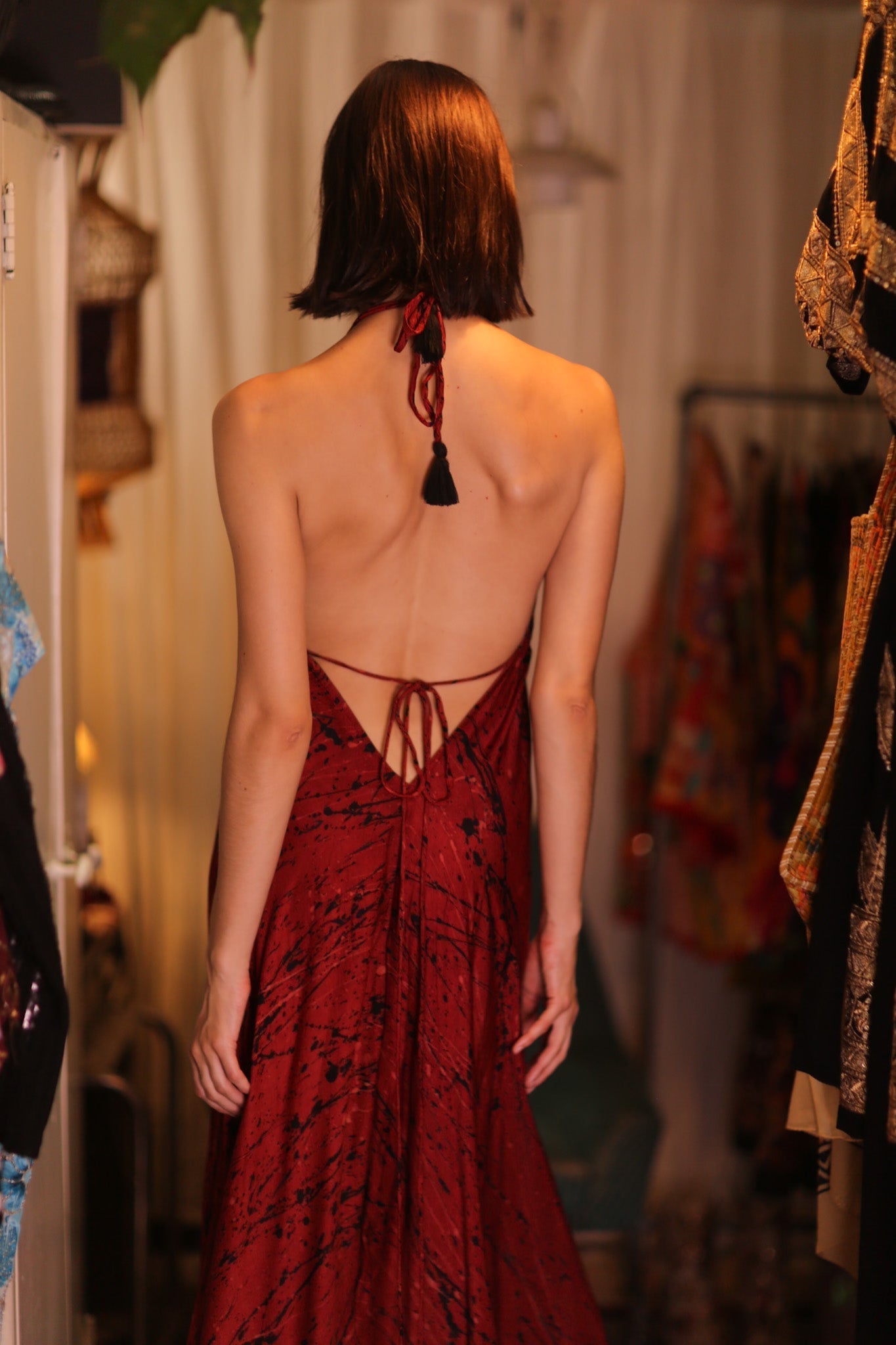 SILK HAND BLOCK PRINT DRESS HANNAH RED ARTIST - BANGKOK TAILOR CLOTHING STORE - HANDMADE CLOTHING