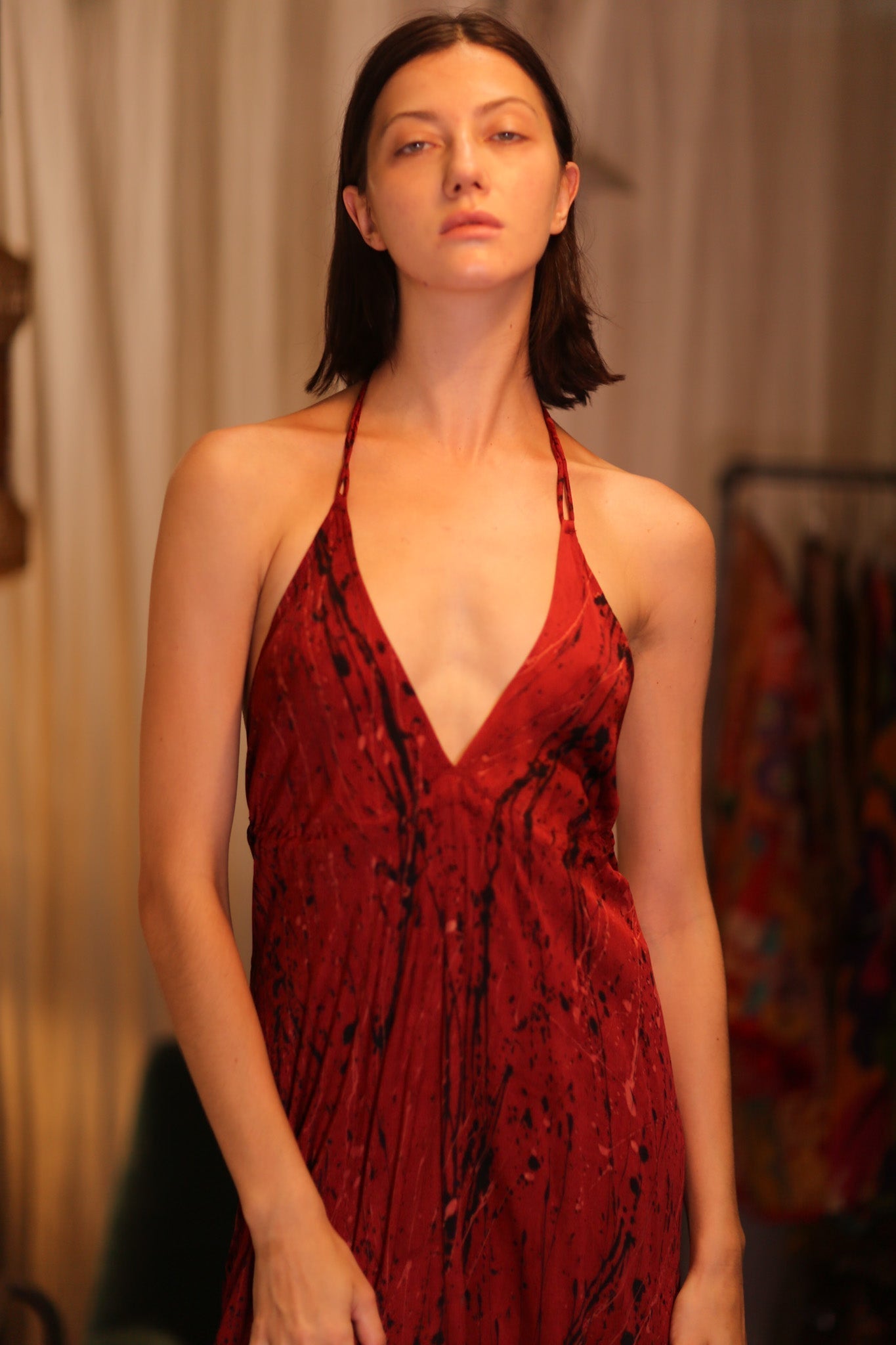 SILK HAND BLOCK PRINT DRESS HANNAH RED ARTIST - BANGKOK TAILOR CLOTHING STORE - HANDMADE CLOTHING