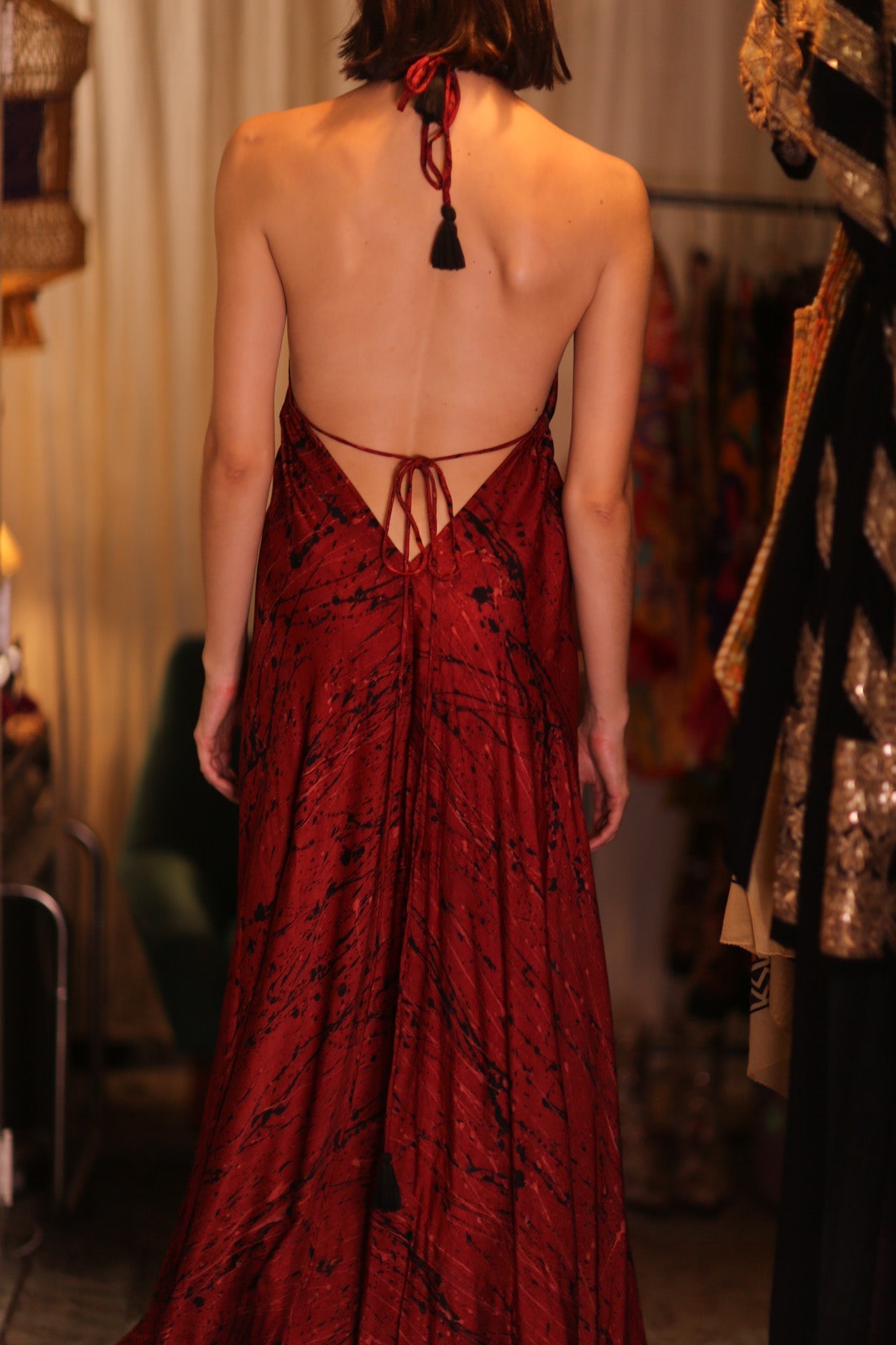 SILK HAND BLOCK PRINT DRESS HANNAH RED ARTIST - BANGKOK TAILOR CLOTHING STORE - HANDMADE CLOTHING