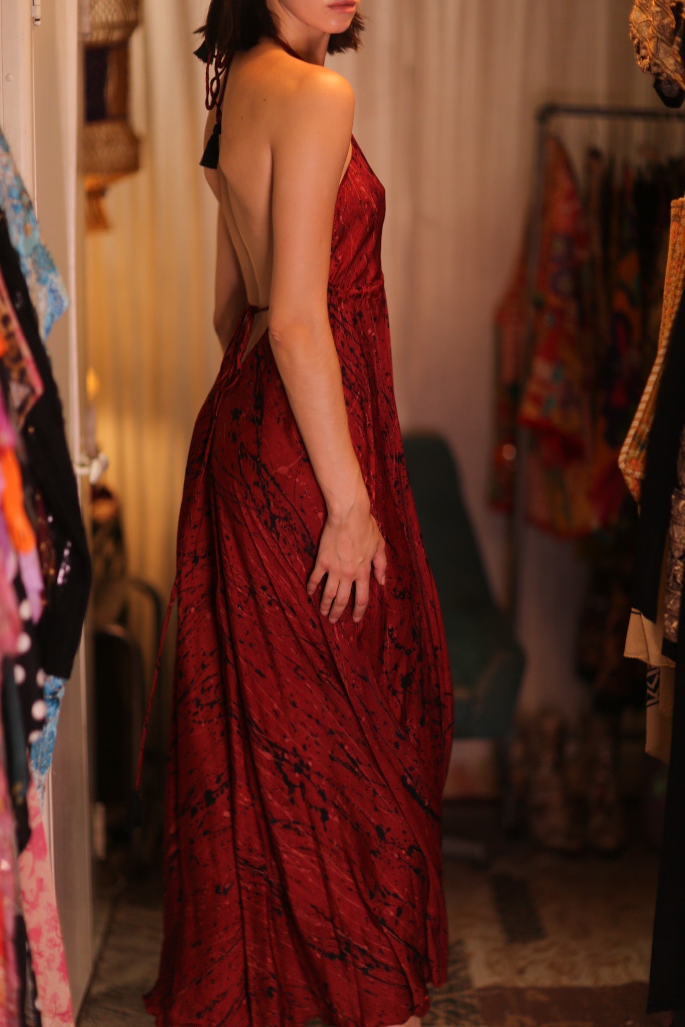 SILK HAND BLOCK PRINT DRESS HANNAH RED ARTIST - BANGKOK TAILOR CLOTHING STORE - HANDMADE CLOTHING