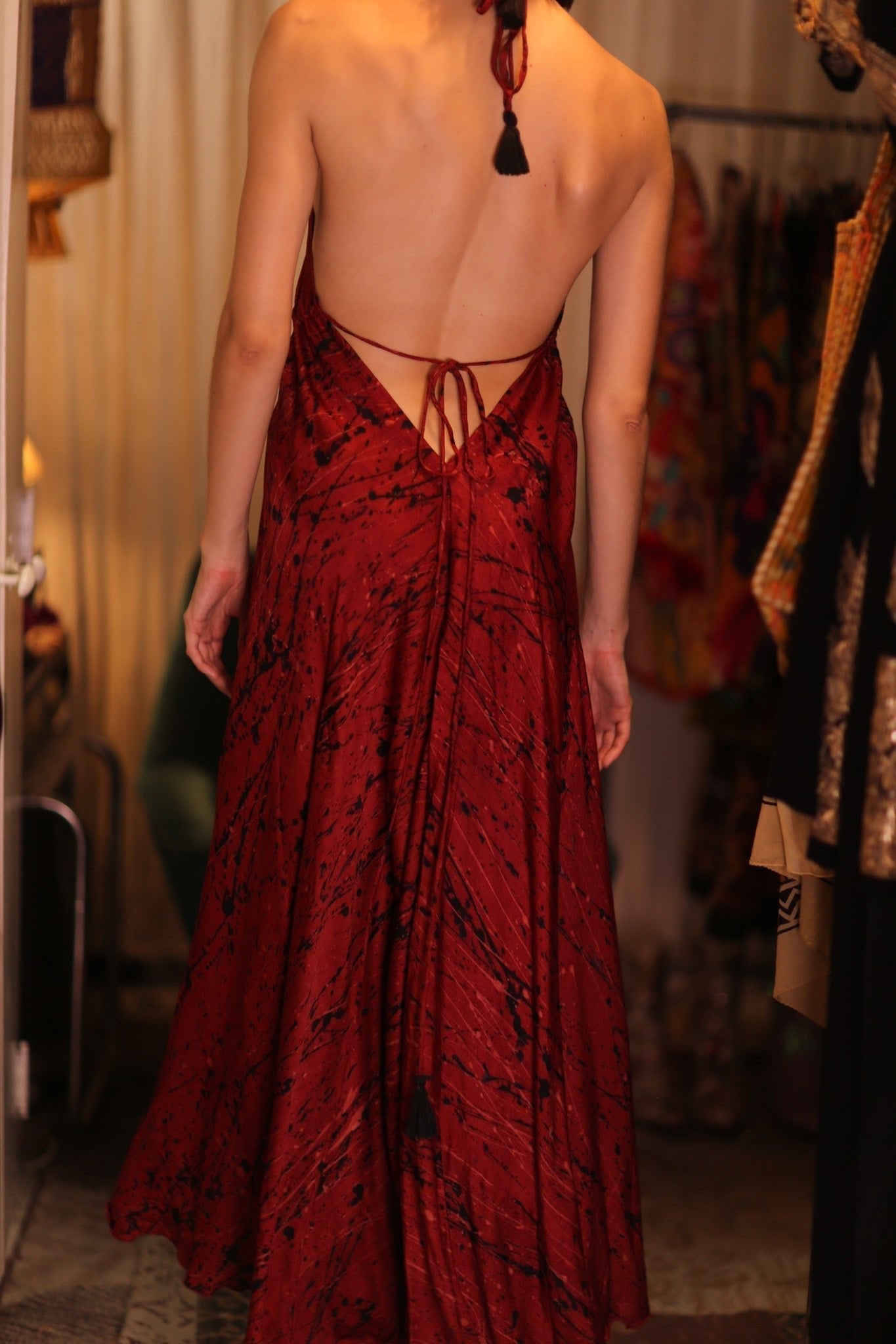 SILK HAND BLOCK PRINT DRESS HANNAH RED ARTIST - BANGKOK TAILOR CLOTHING STORE - HANDMADE CLOTHING