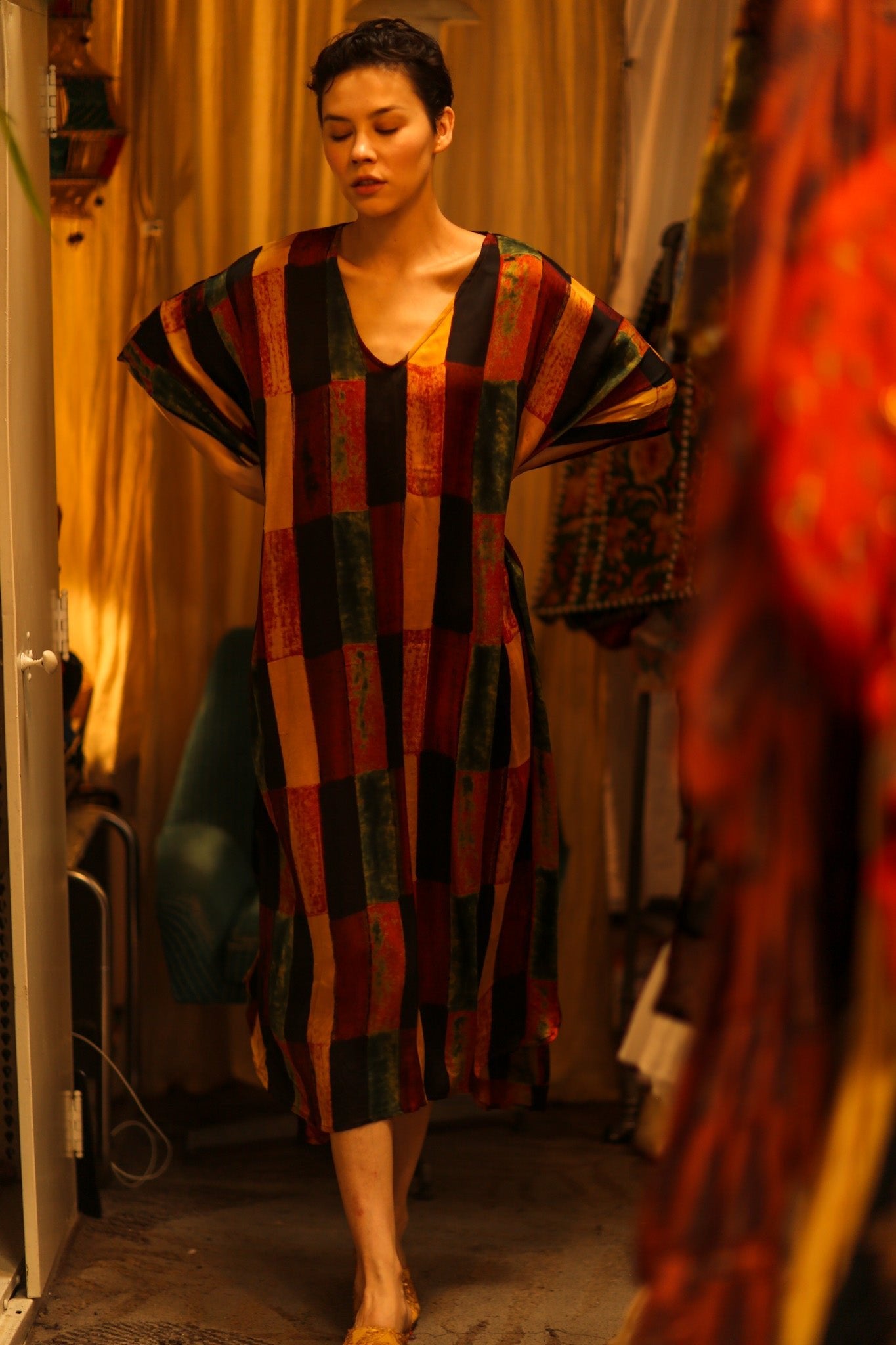 SILK HAND BLOCK PRINT KAFTAN KLARA - BANGKOK TAILOR CLOTHING STORE - HANDMADE CLOTHING