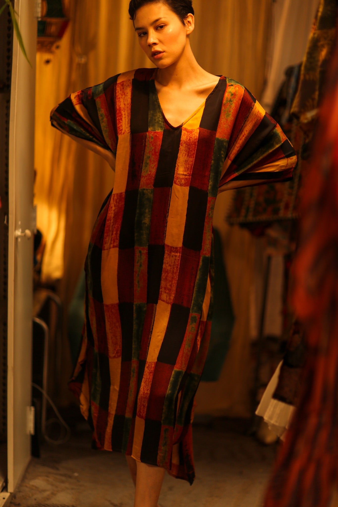 SILK HAND BLOCK PRINT KAFTAN KLARA - BANGKOK TAILOR CLOTHING STORE - HANDMADE CLOTHING